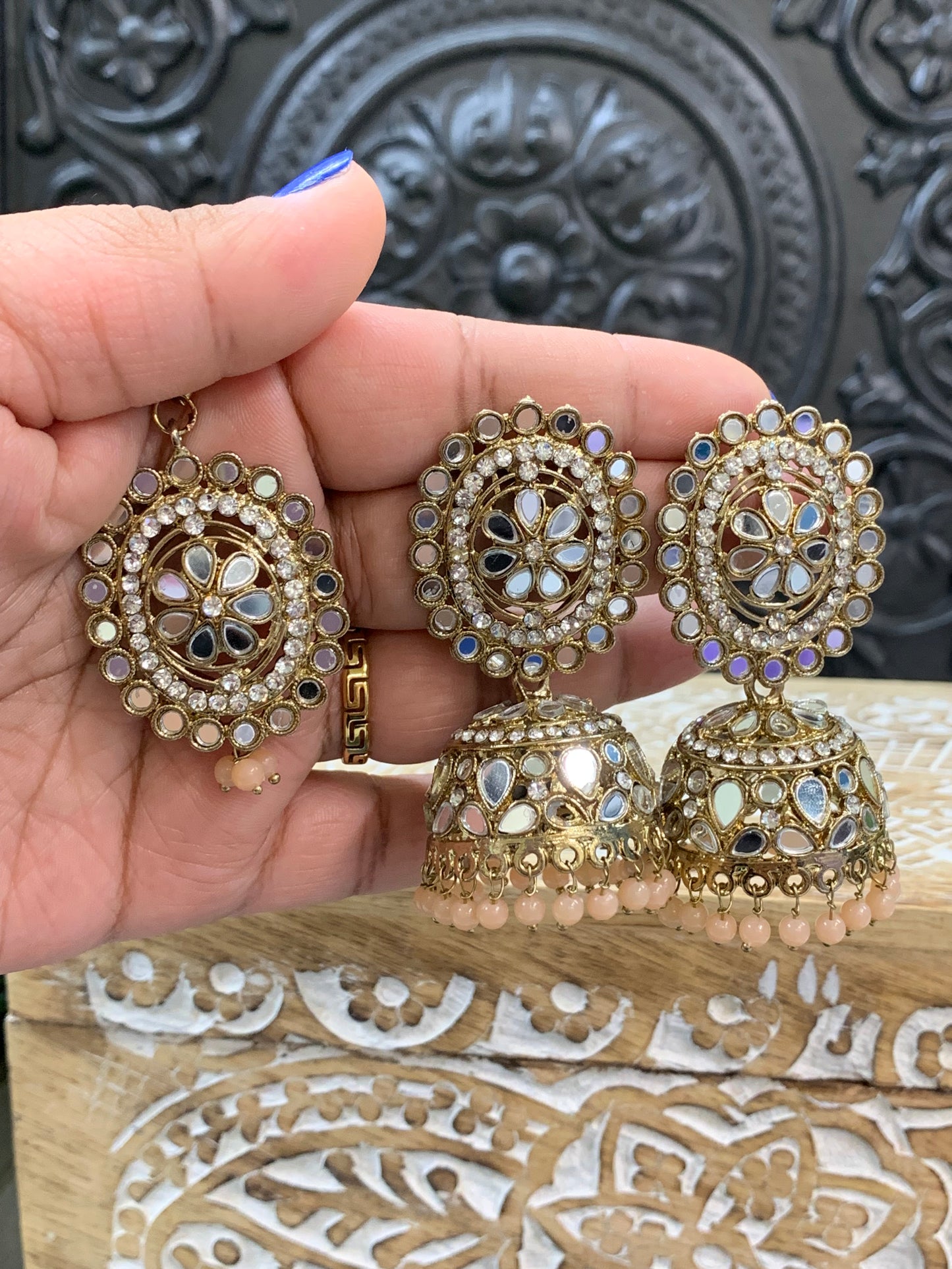 Kate mirror jhumki tikka antique gold and light peach