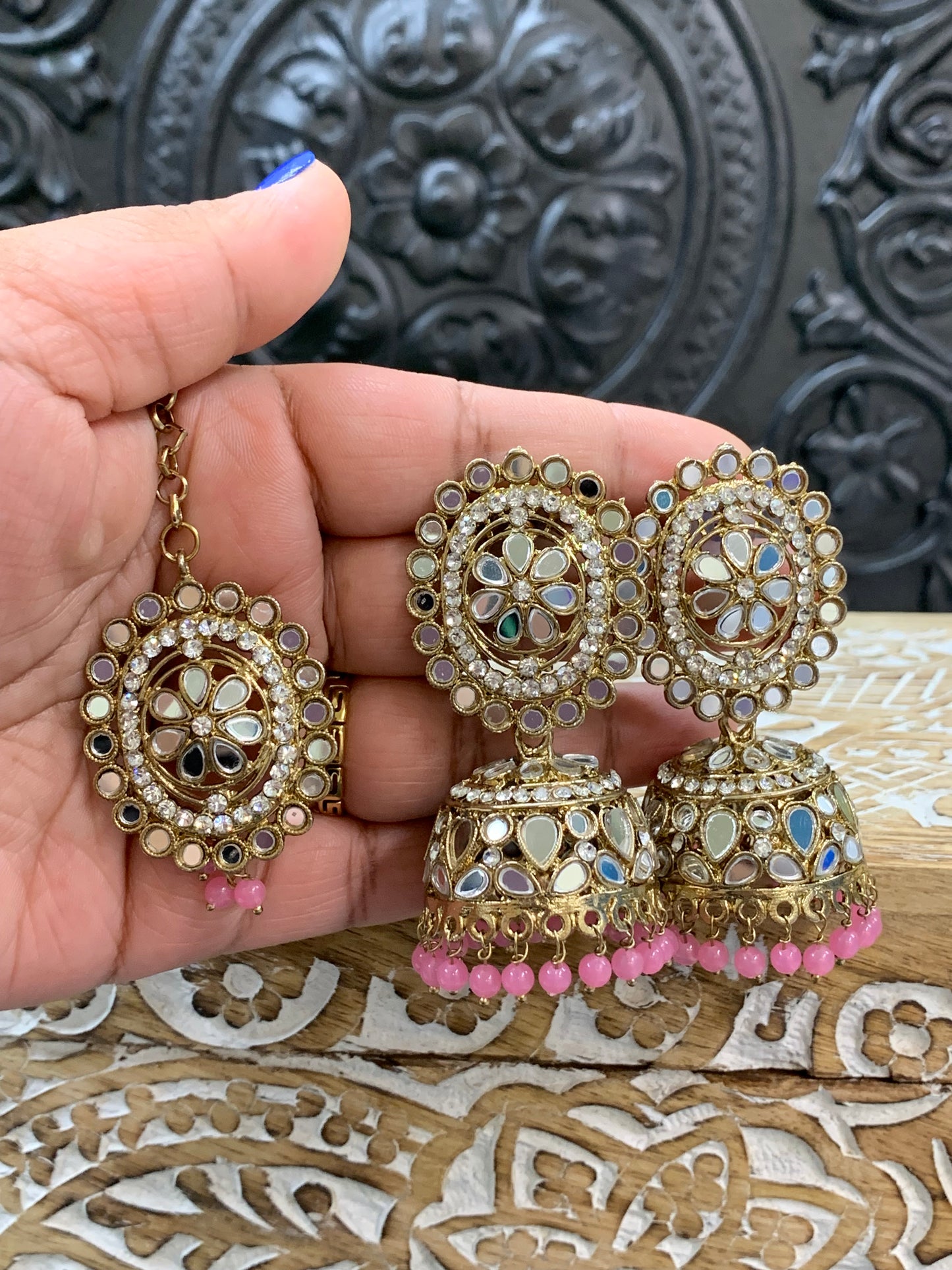 Kate mirror jhumki tikka antique gold and onion pink