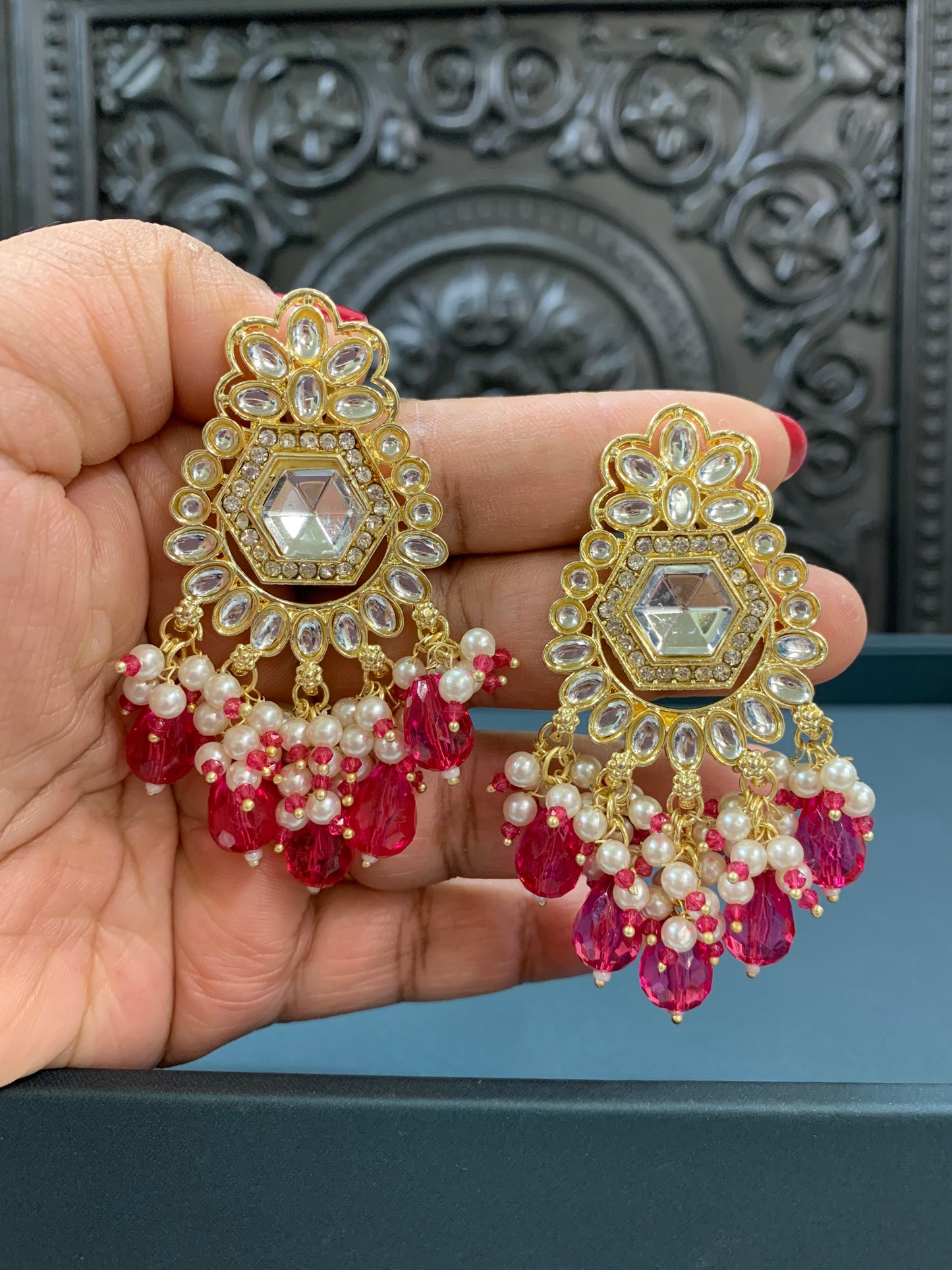 Jill gold kundan stud earring with crystal drops hot pink /magenta