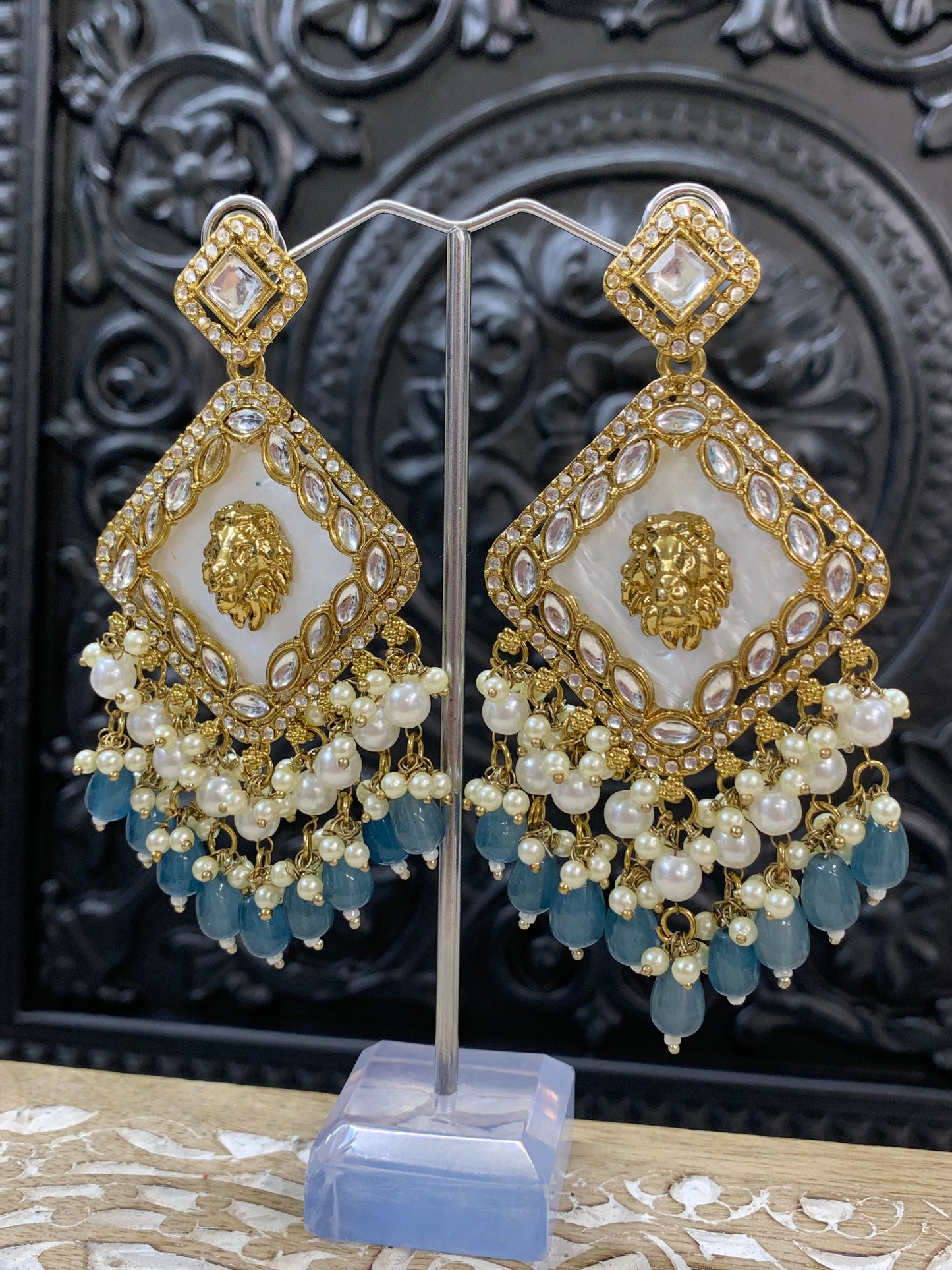 Amaya statement sabyasachi fashion earring tiger detail teal green