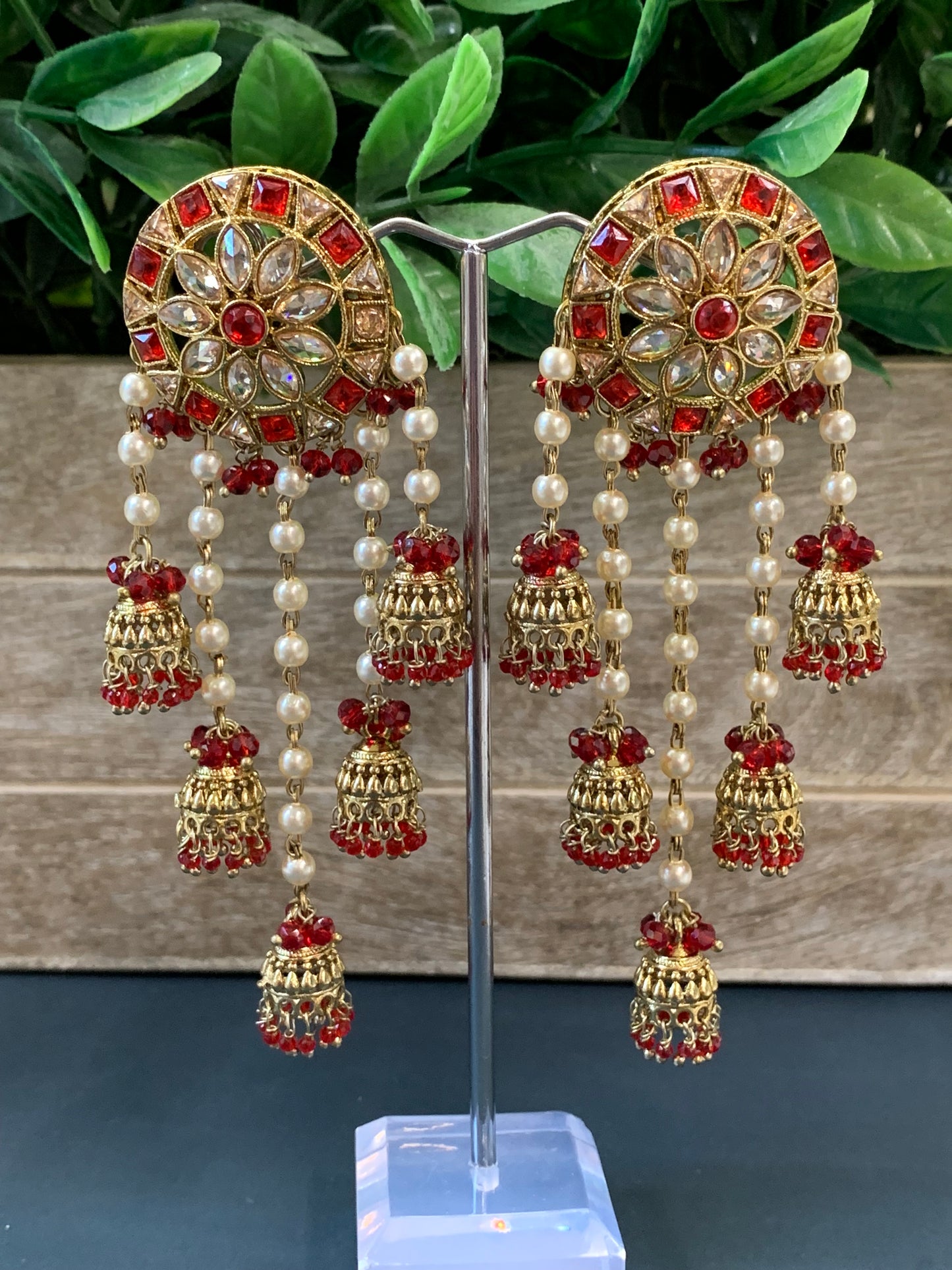Rowan polki jhumki earring antique polk/ gold /blood red