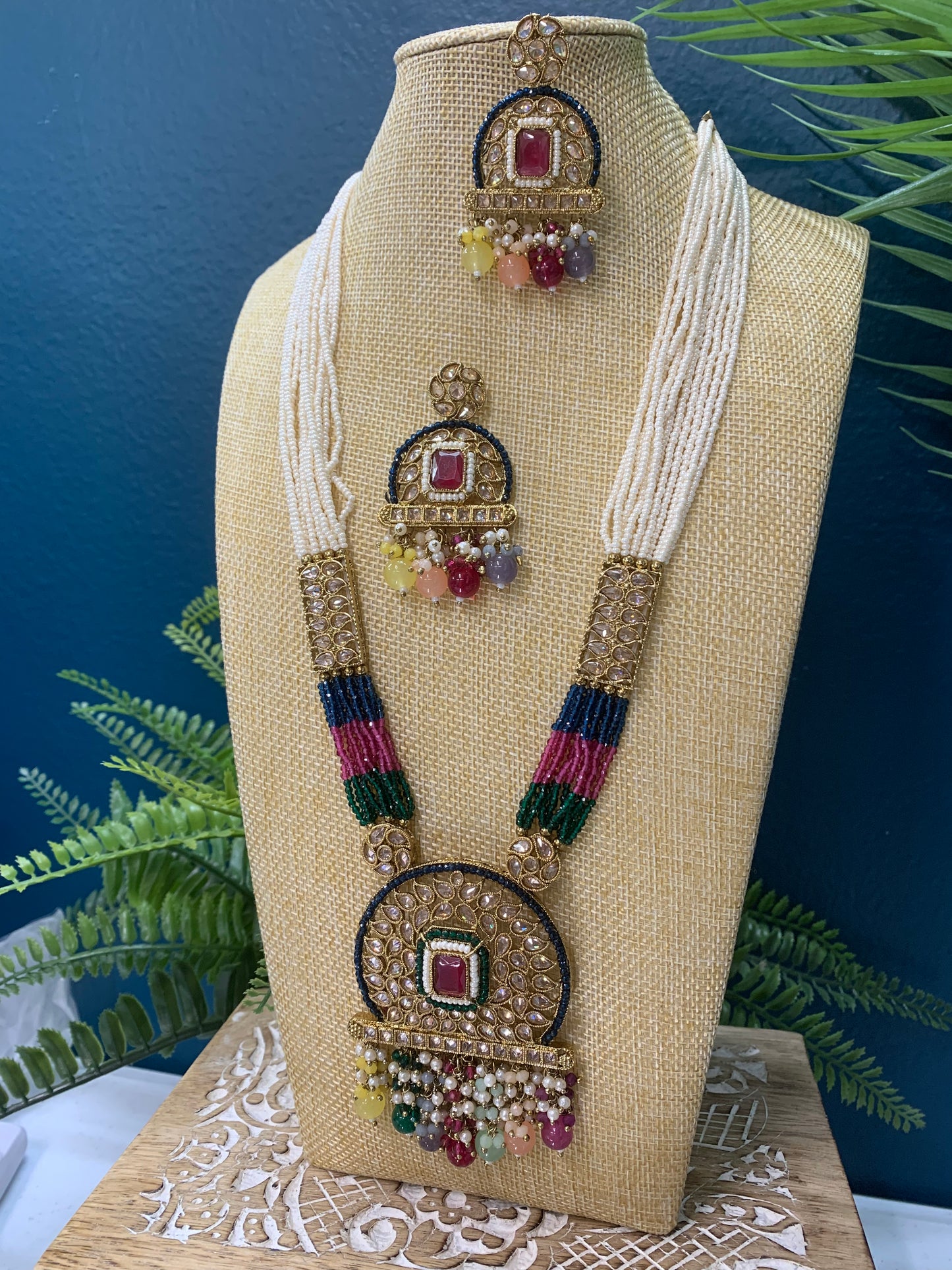 Sanju polki long mala set antique polki white multi