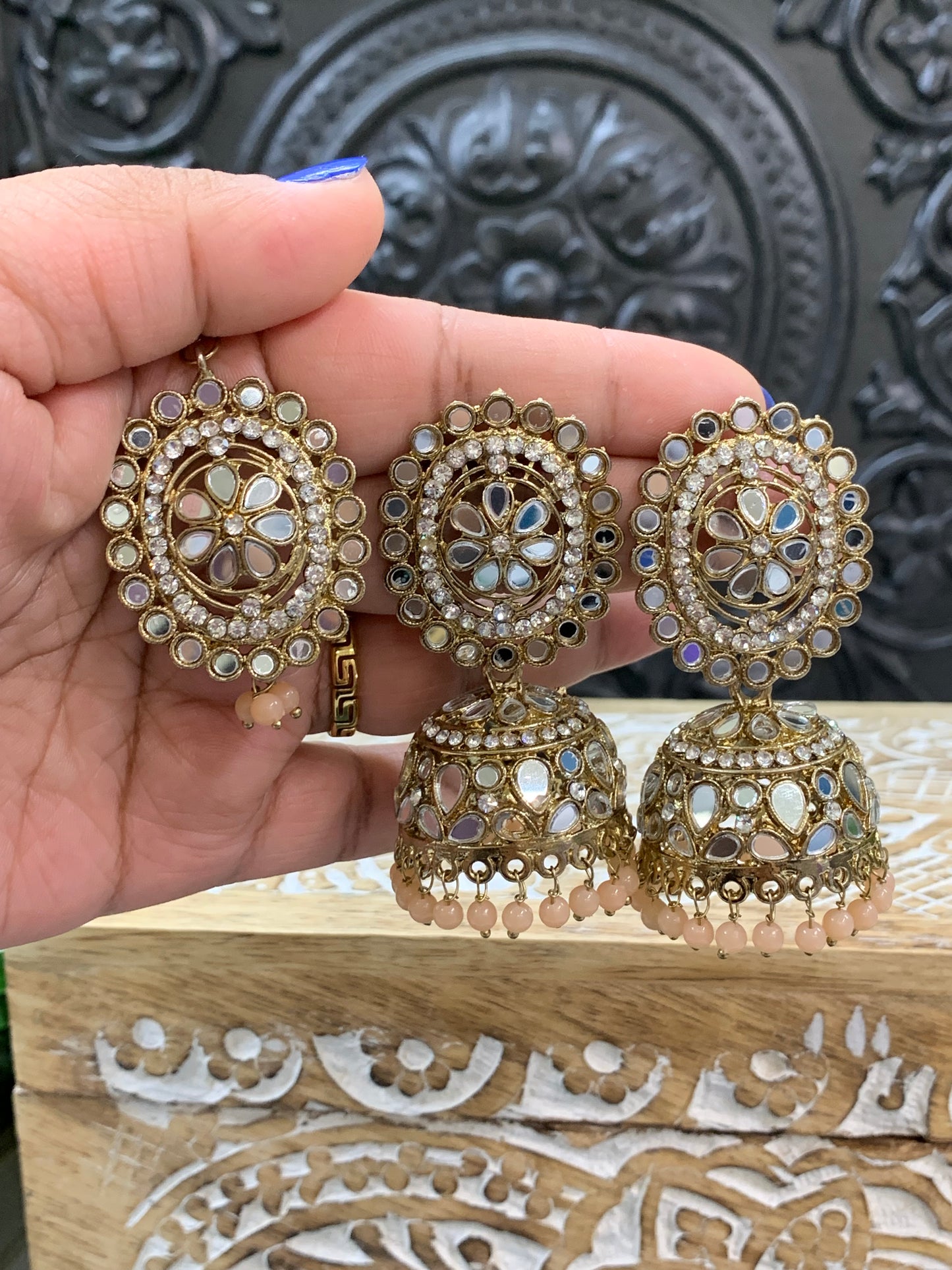 Kate mirror jhumki tikka antique gold and light peach
