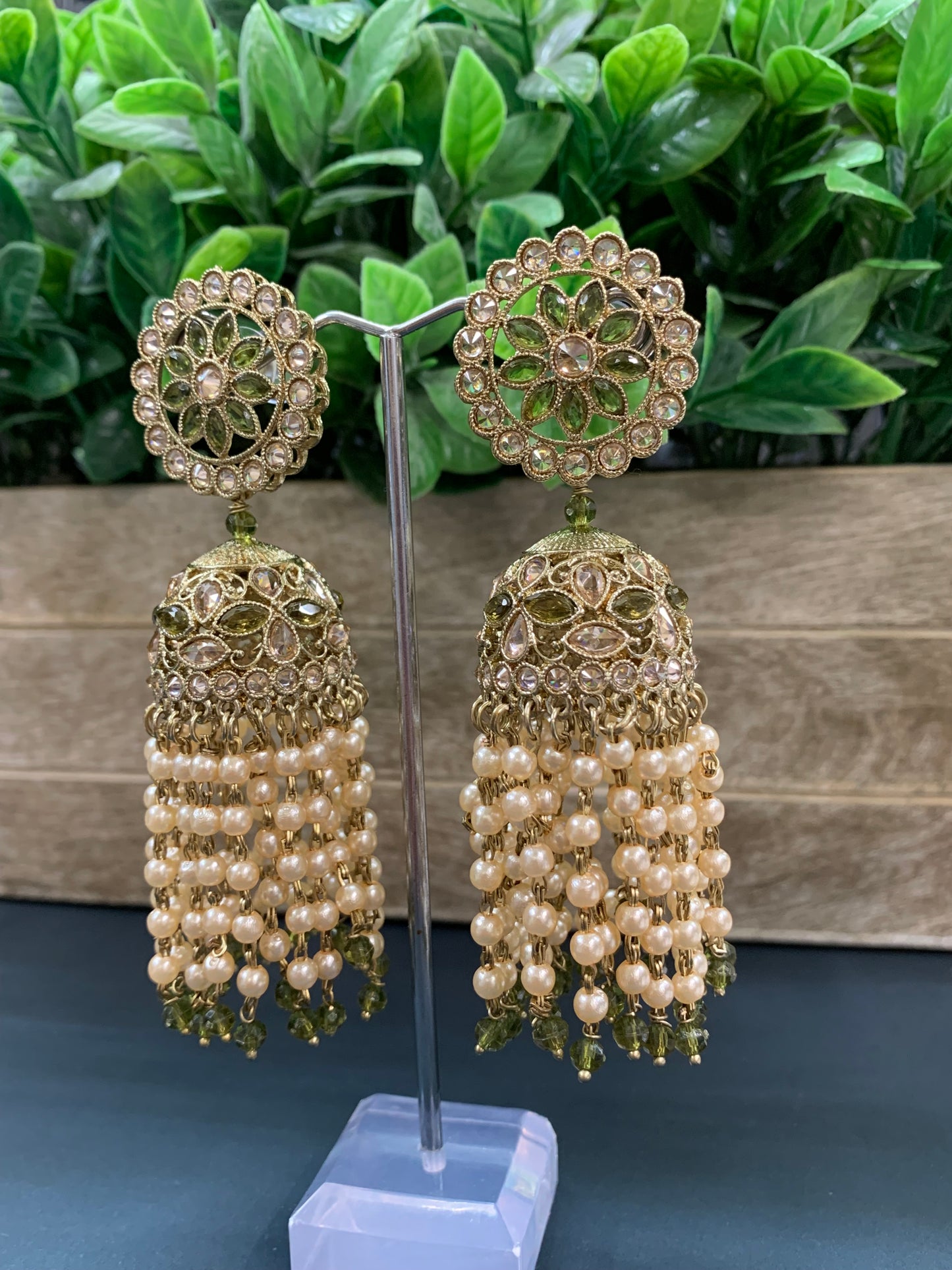 Mohua polki statement jhumki earring antique polki/mahendi/ olive green