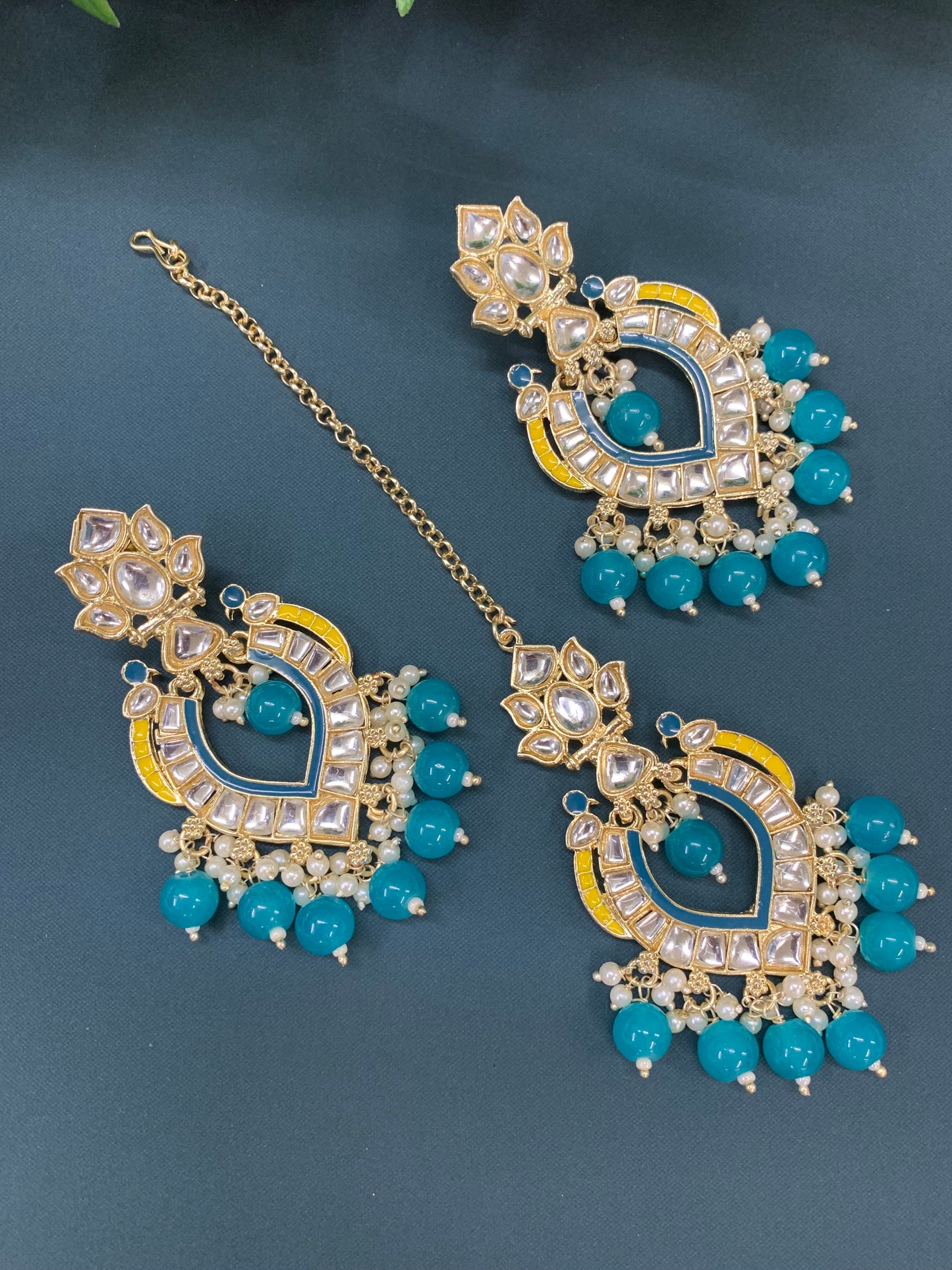 Amber kundan light weight earring tikka set phiroza blue yellow