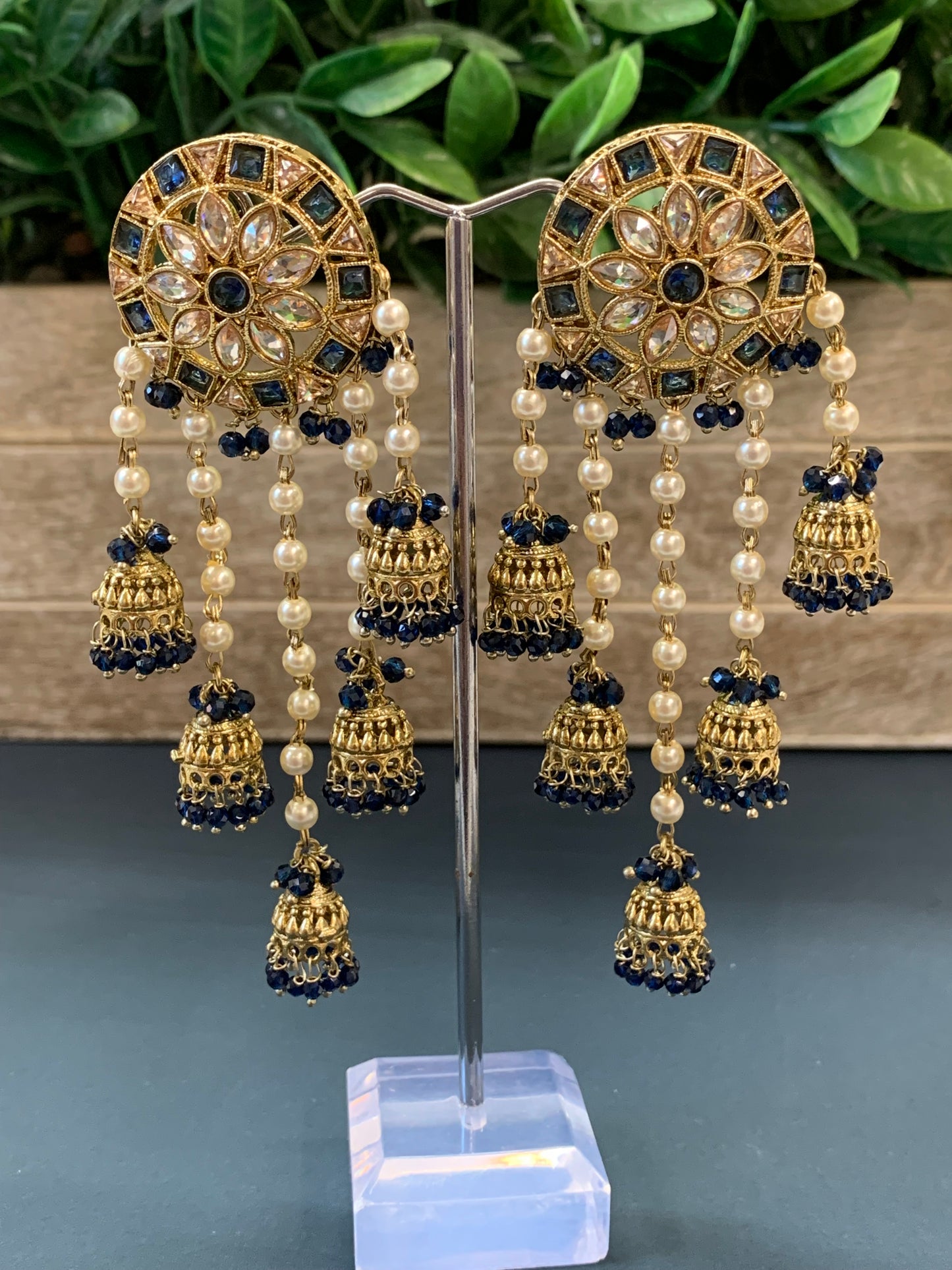 Rowan polki jhumki earring antique polk/ gold /sapphire blue