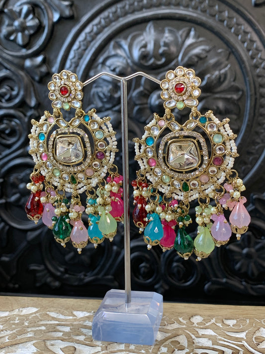 Isabella statement kundan chandbali fashion earring multi / navratan