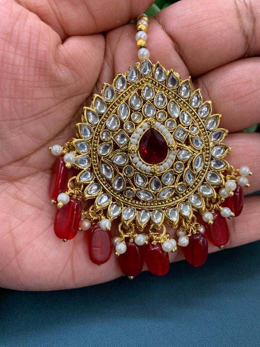 Priya gold plated kundan jhumki earring and tikka red maroon burgundy