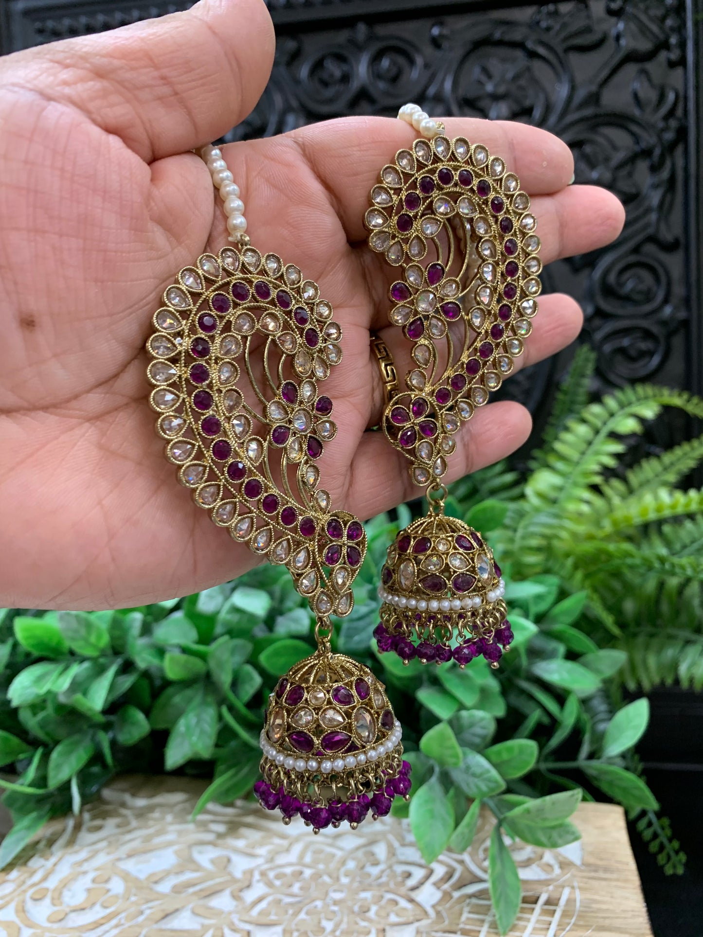 Jacklyn over the ear earring tikka jhumki sahare set purple