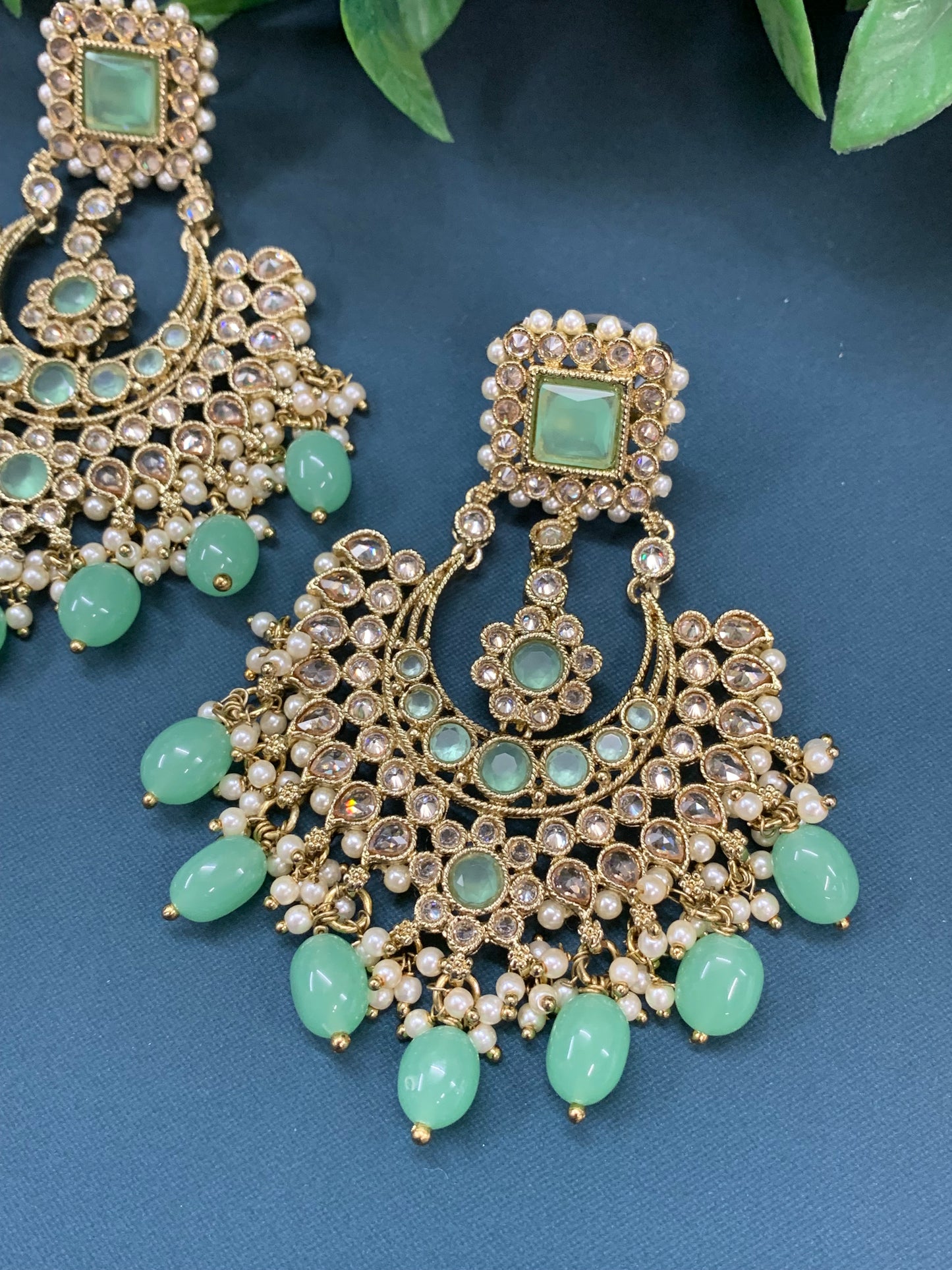 Raisa polki jhumki earring antique polk/ gold /mint green