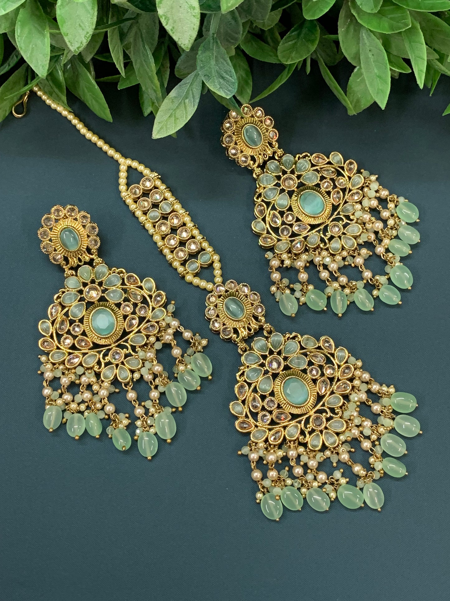 Ravi reverse polki earring tikka set with pearl and pistachio green glass drop