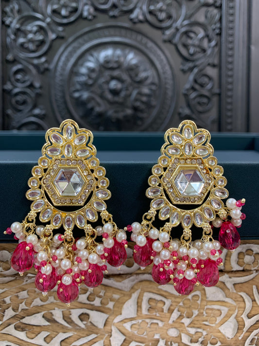 Jill gold kundan stud earring with crystal drops hot pink /magenta