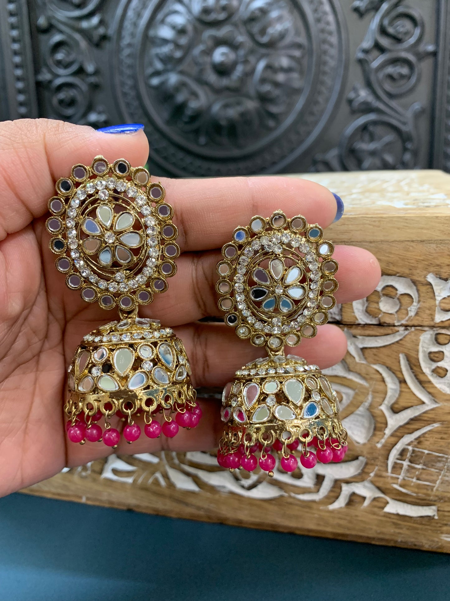 Kate mirror jhumki tikka antique gold and magenta pink