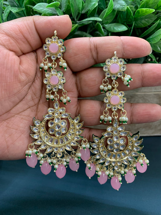 Aru kundan long statement earring pink