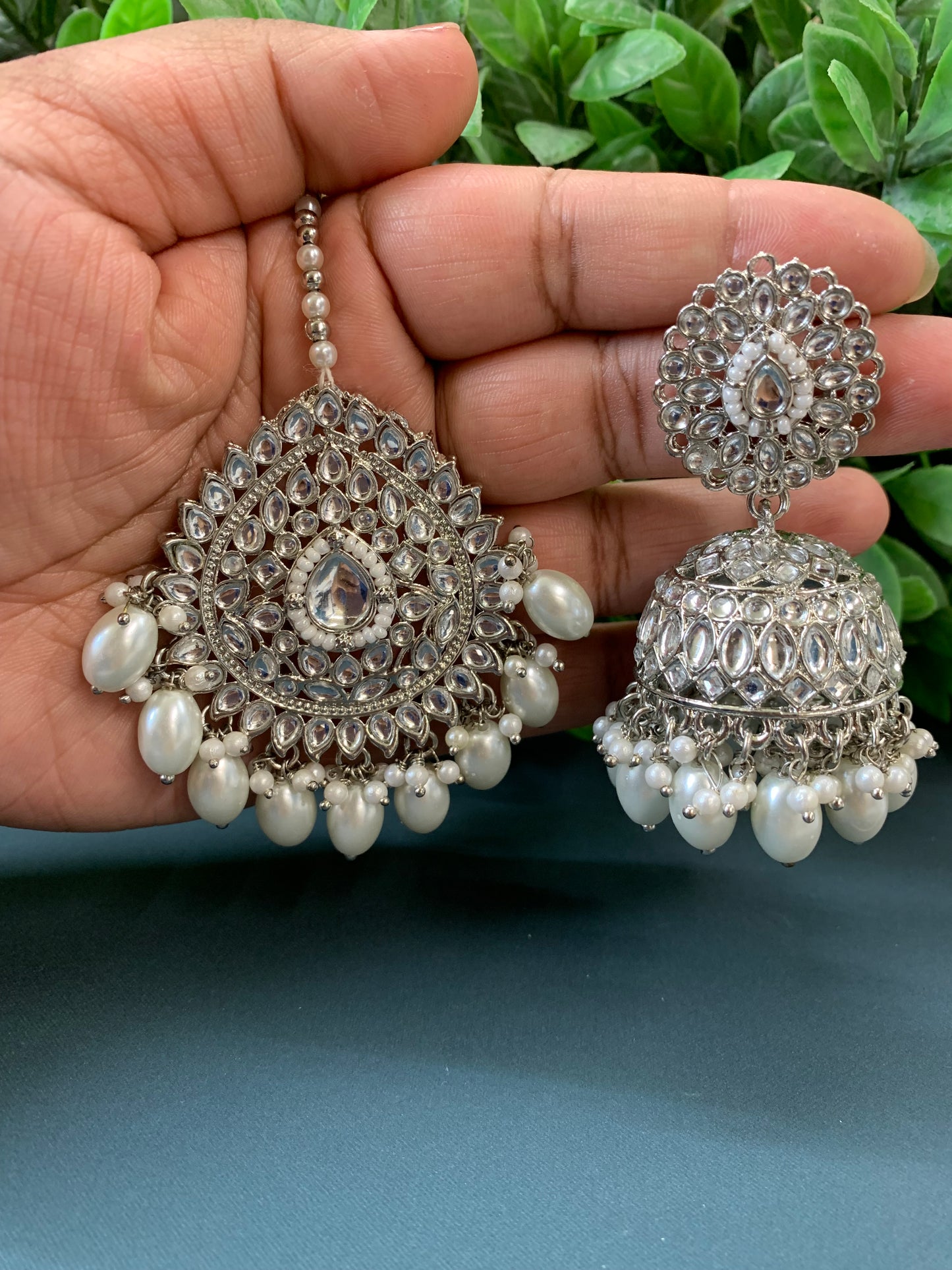 Priya kundan jhumki earring and tikka silver