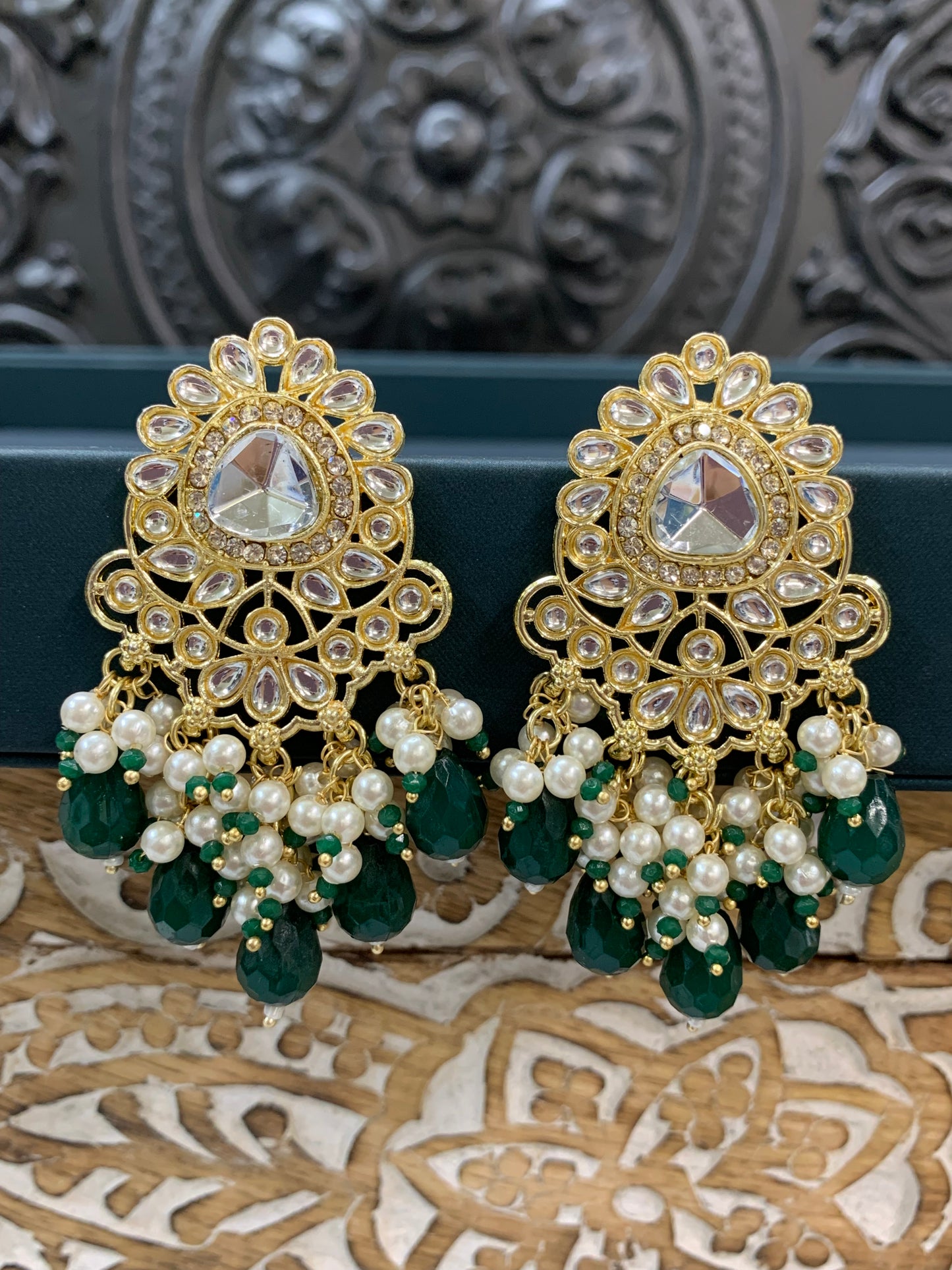 Joel gold kundan stud earring with white pearl and emerald green crystal