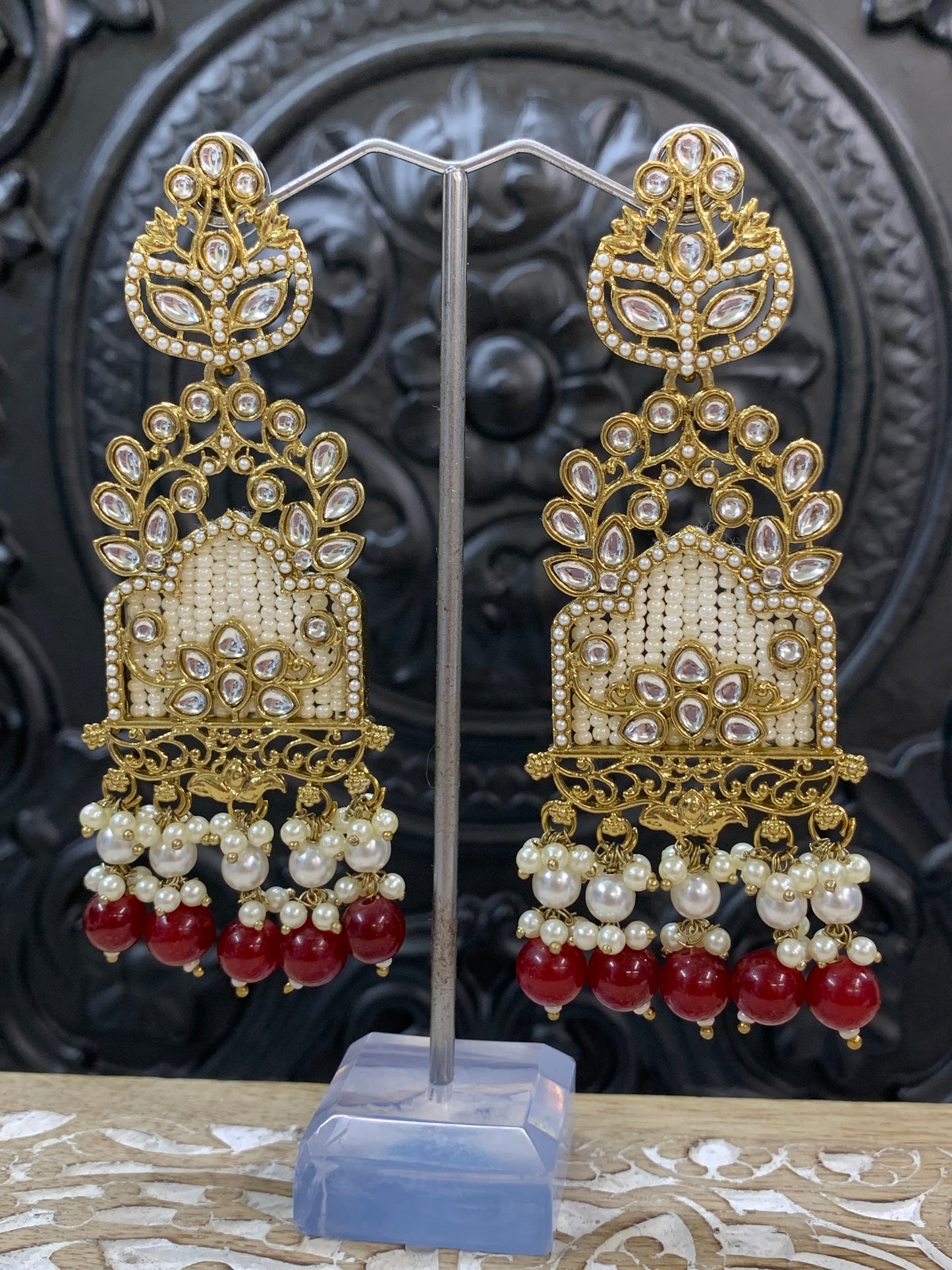 Alexa kundan statement earring white/gold/pearl/maroon burgundy red