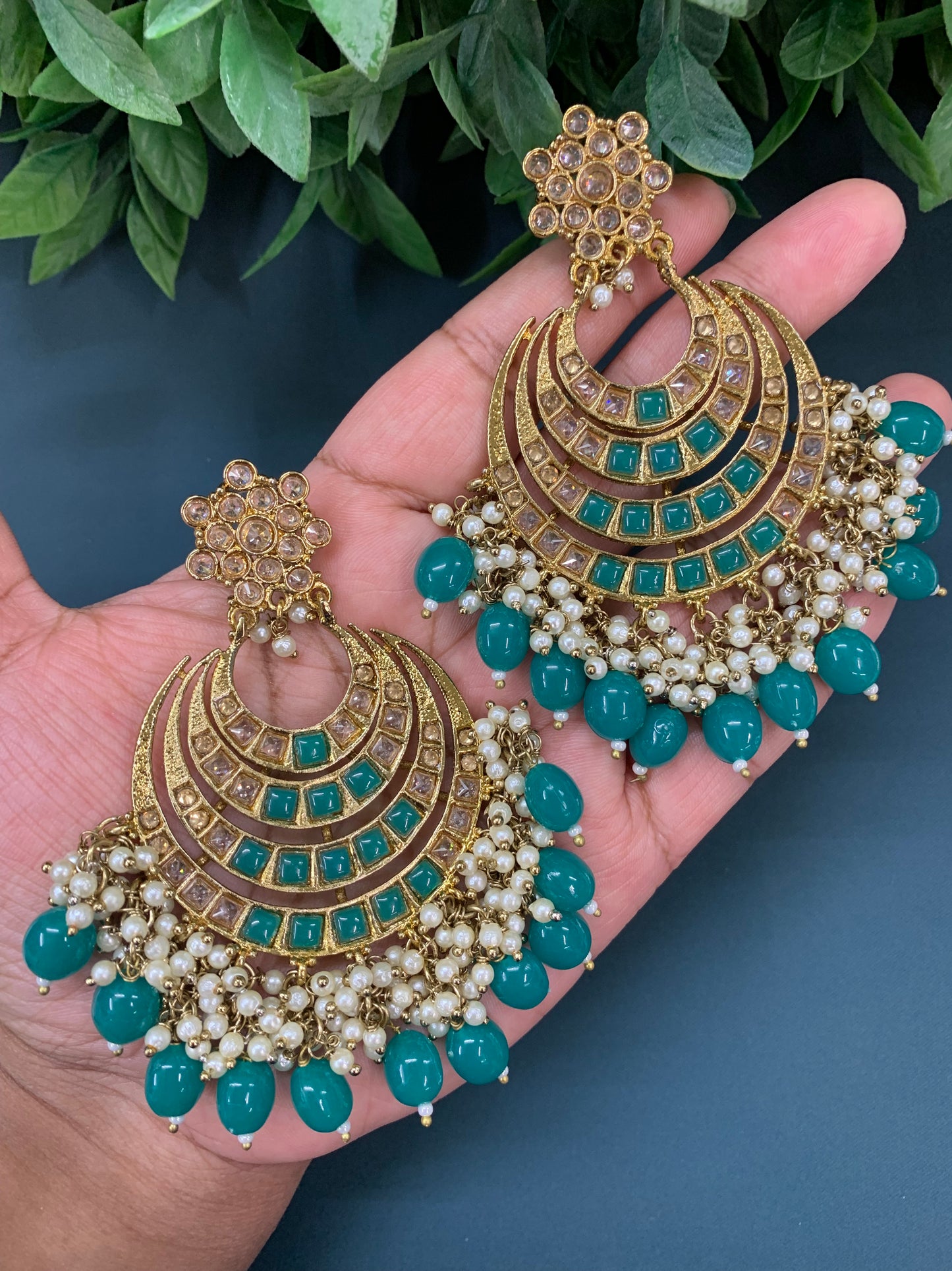 Bloom polki chandbali earring antique/ teal green