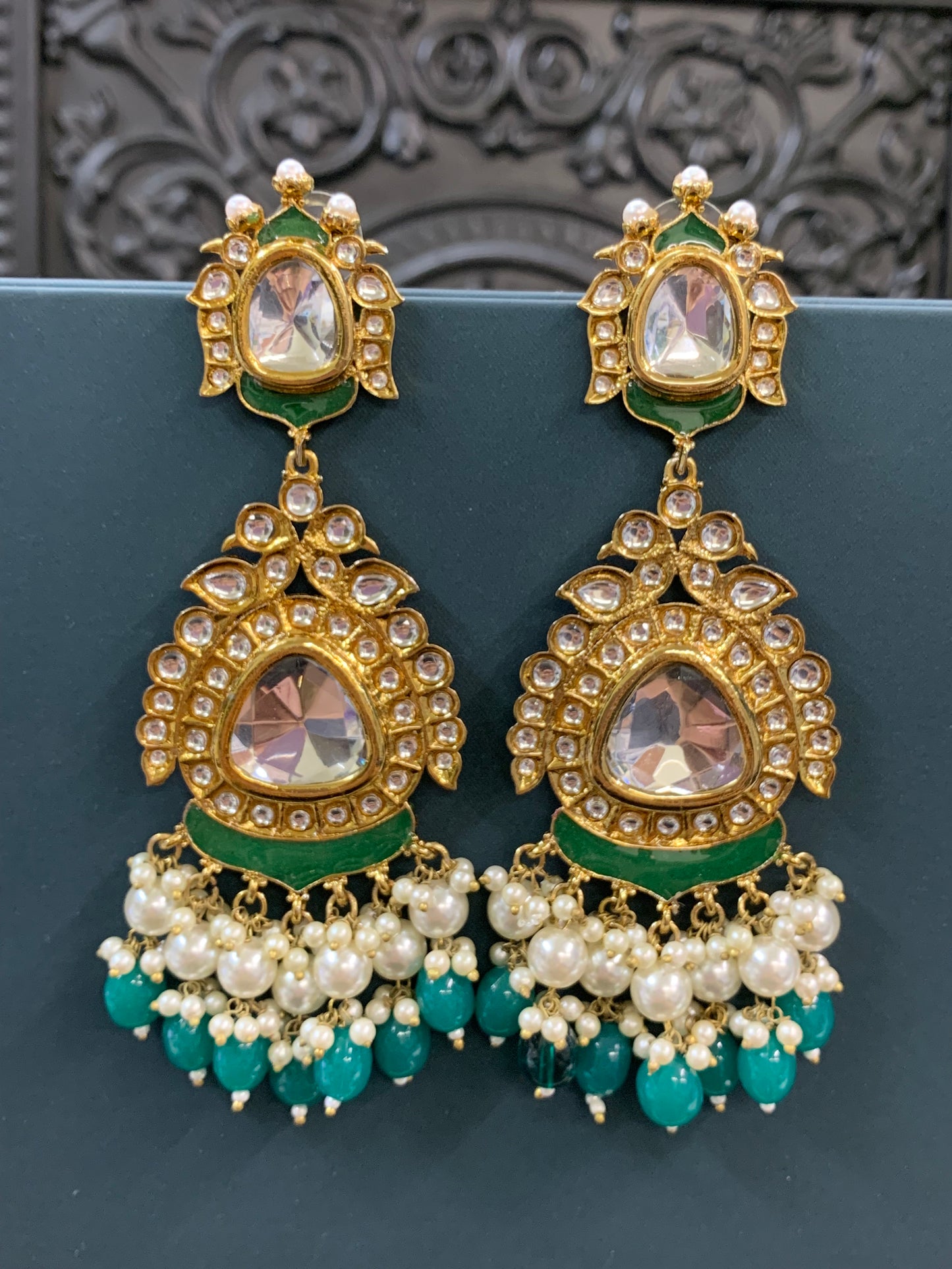 Kim kundan statement fashion earring emerald green