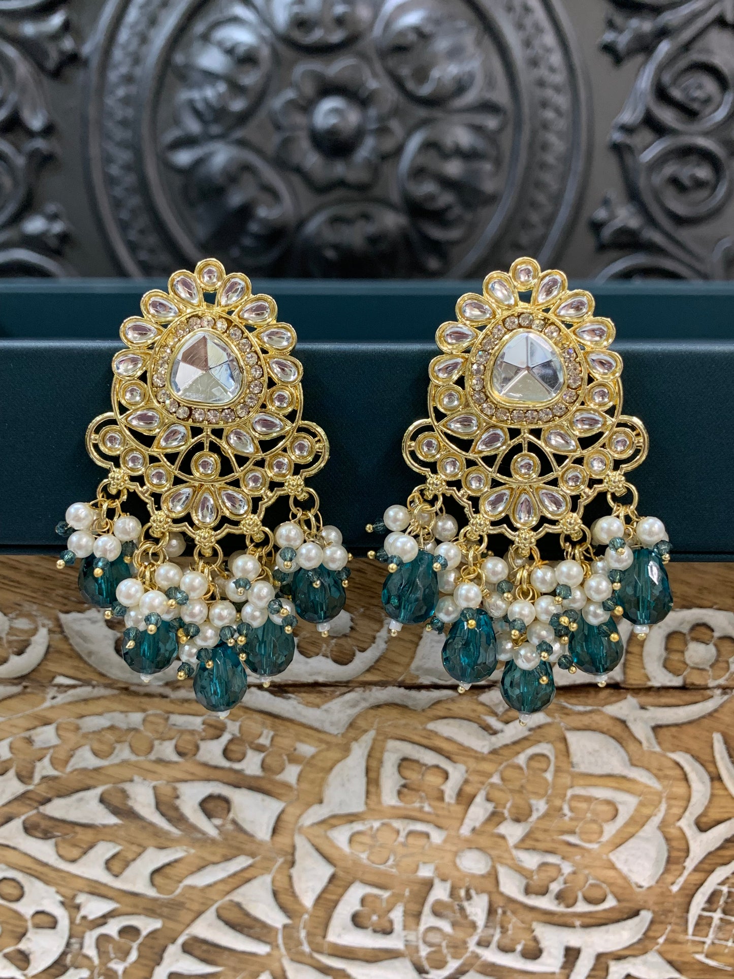 Joel gold kundan stud earring with white pearl and teal green crystal