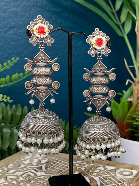 Silver replica statement jhumki earring with pachi kundan details
