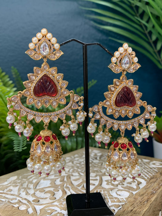 Crystal Kundan chandbali earring in cherry red