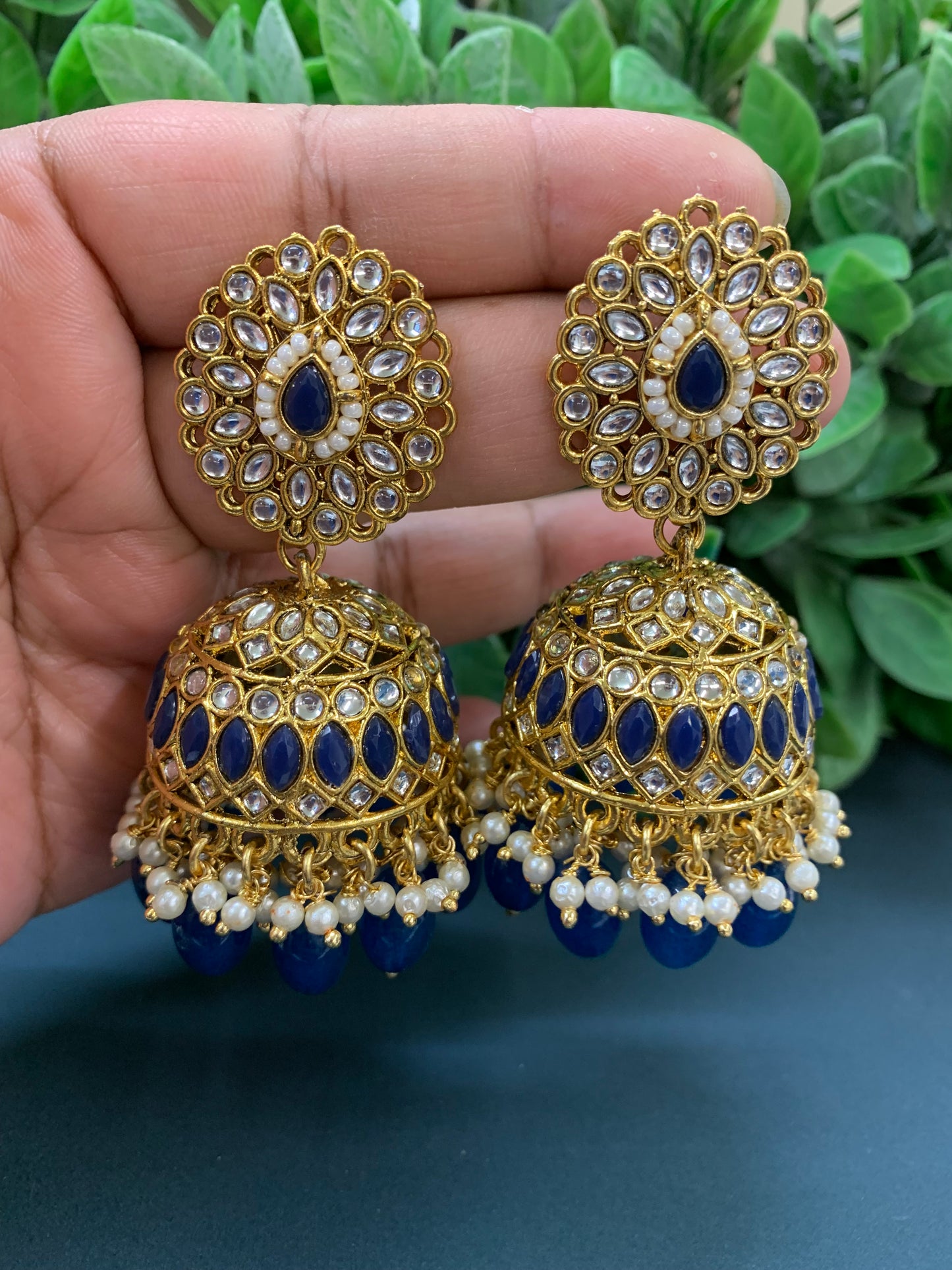 Priya gold plated kundan jhumki earring and tikka blue