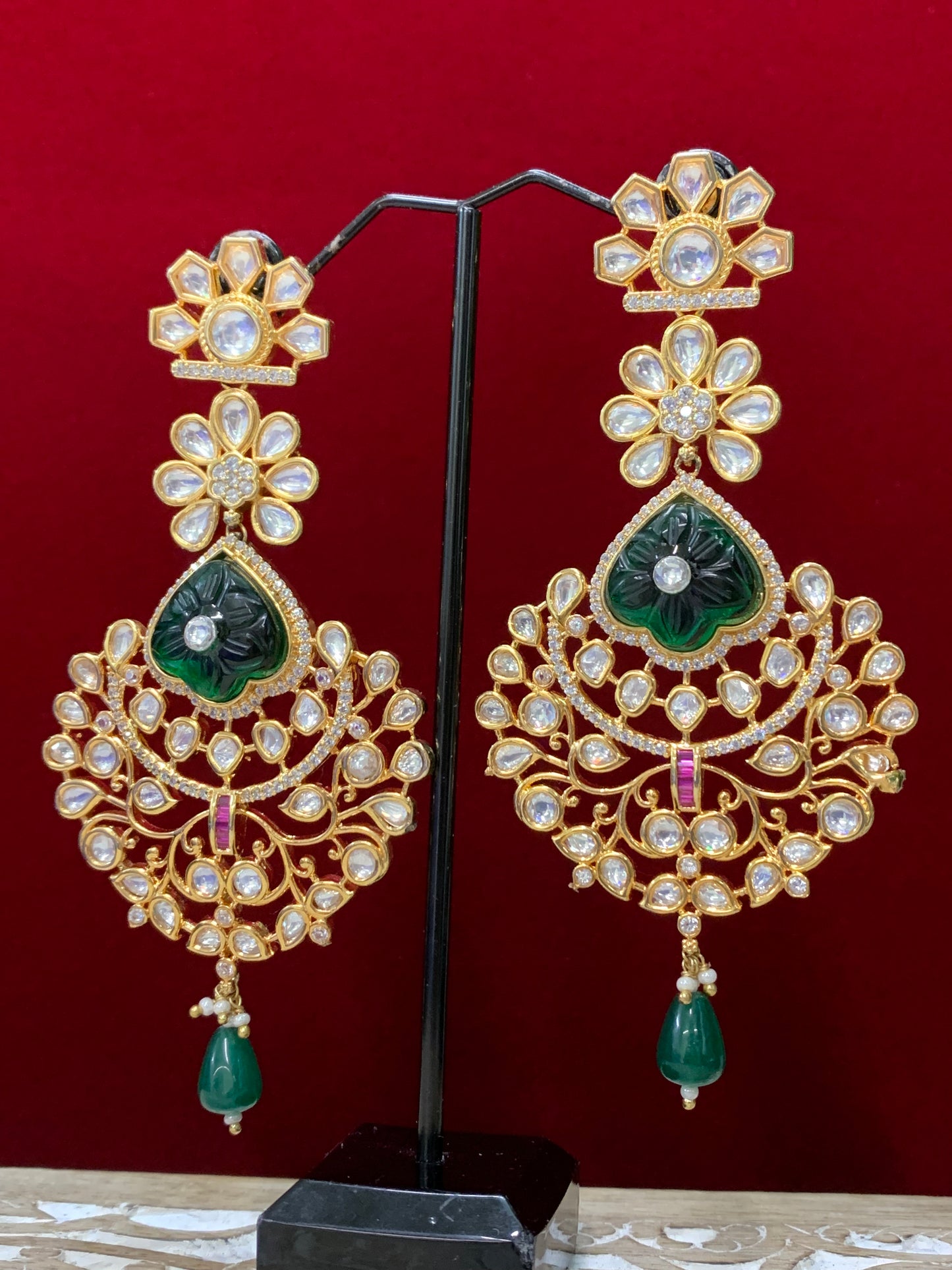 Paris Kundan chandbali earring gold and emerald green