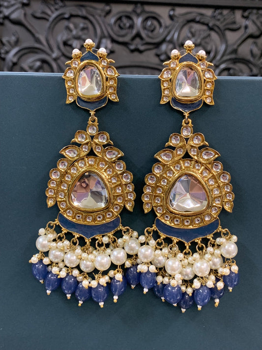 Kim kundan statement fashion earring denim blue