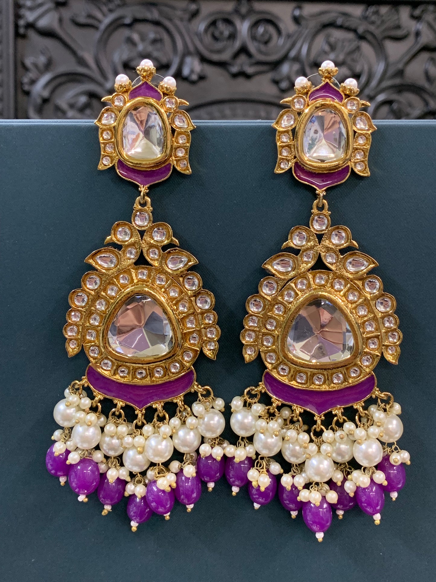 Kim kundan statement fashion earring purple