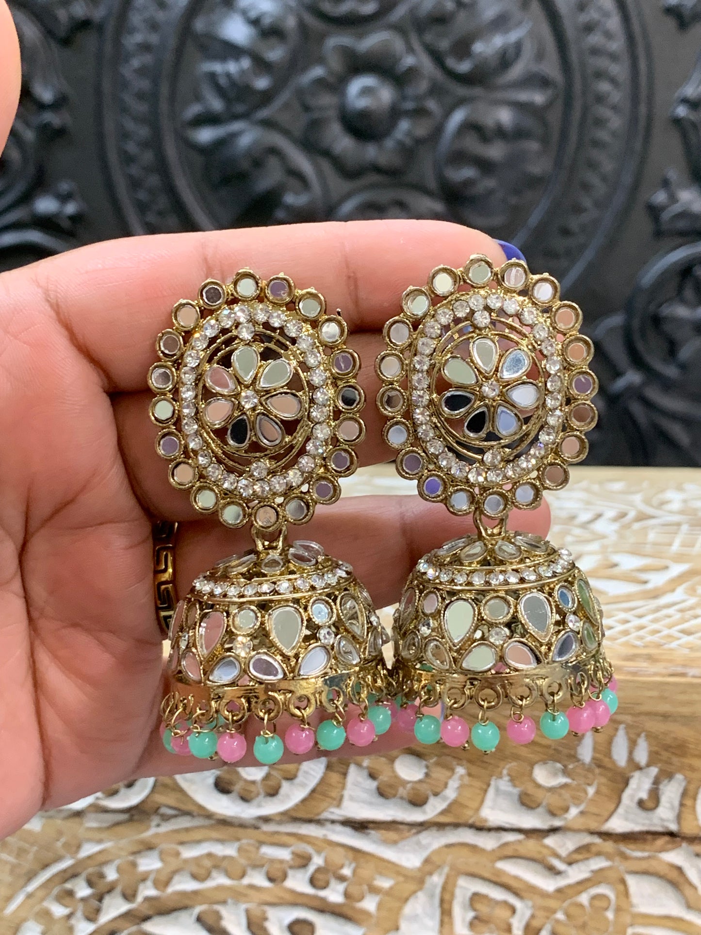 Kate mirror jhumki tikka antique gold pastel multi