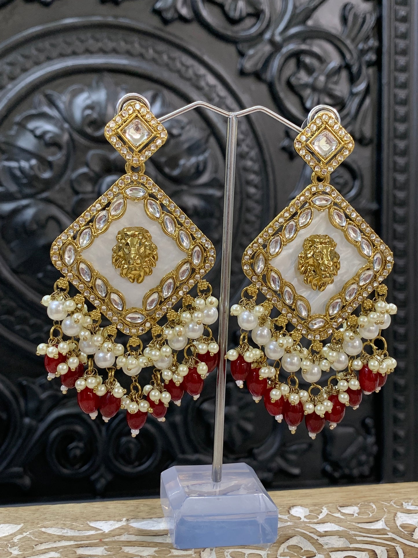 Amaya statement sabyasachi fashion earring tiger detail red maroon burgundy