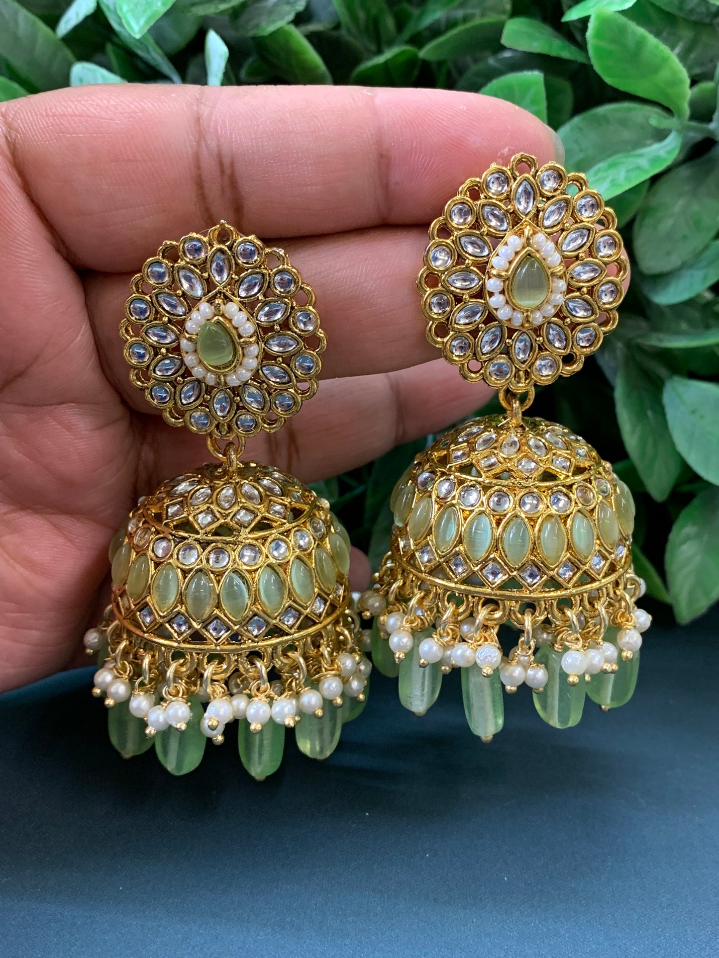 Priya gold plated kundan jhumki earring and tikka mint green