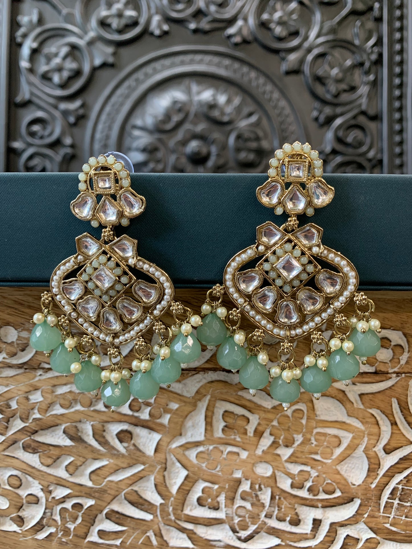 Dipti small to medium kundan earring gold pistachio mint green