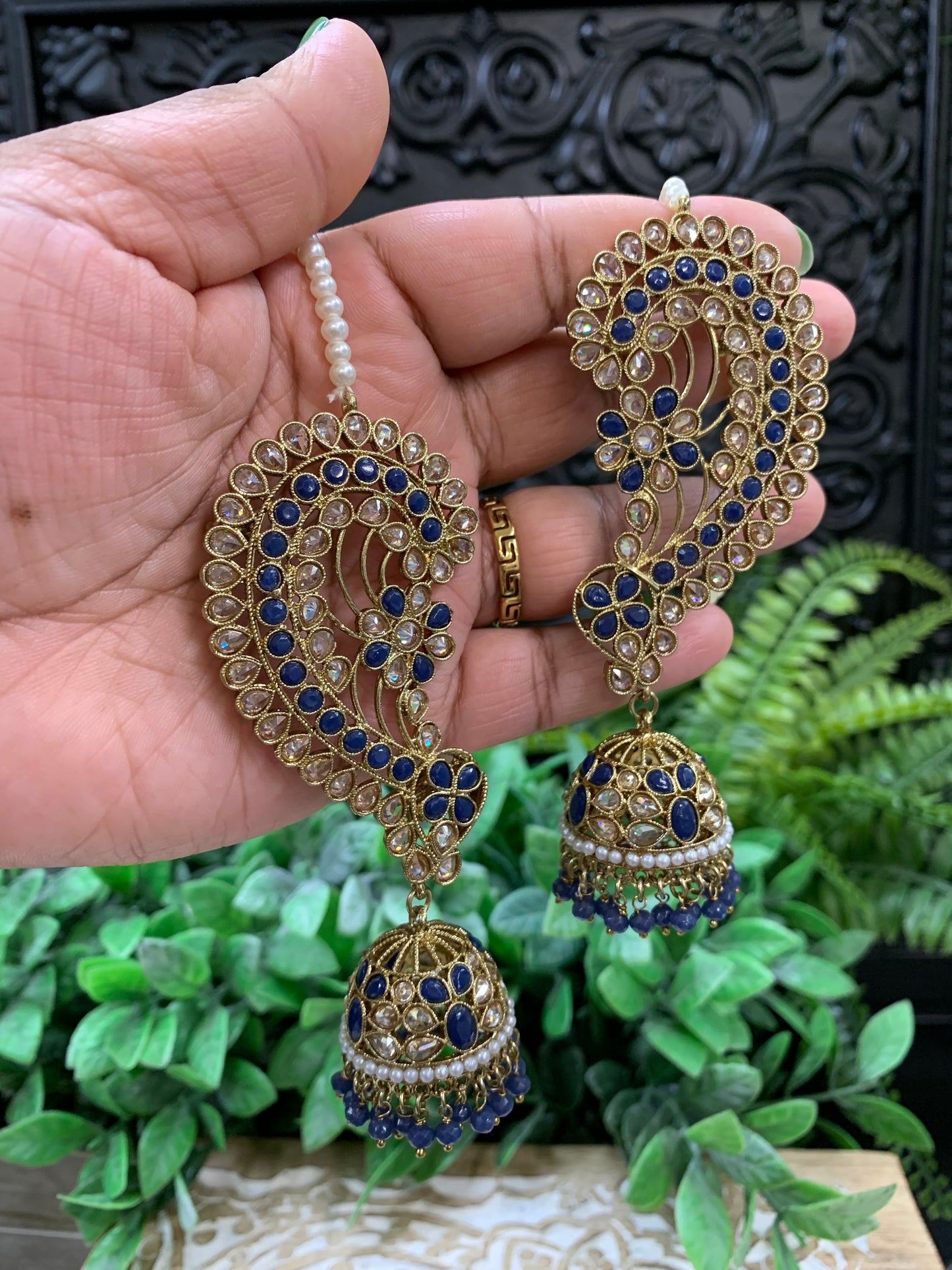 Jacklyn over the ear earring tikka jhumki sahare set blue