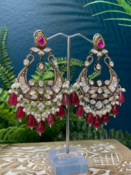 Grmma Mossanite kundan statement jhumki earring with pota stone work