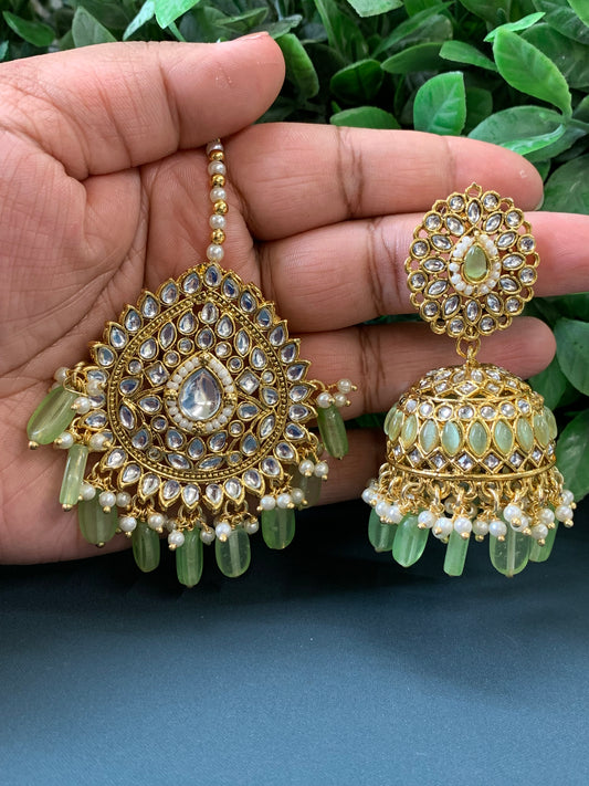 Priya gold plated kundan jhumki earring and tikka mint green