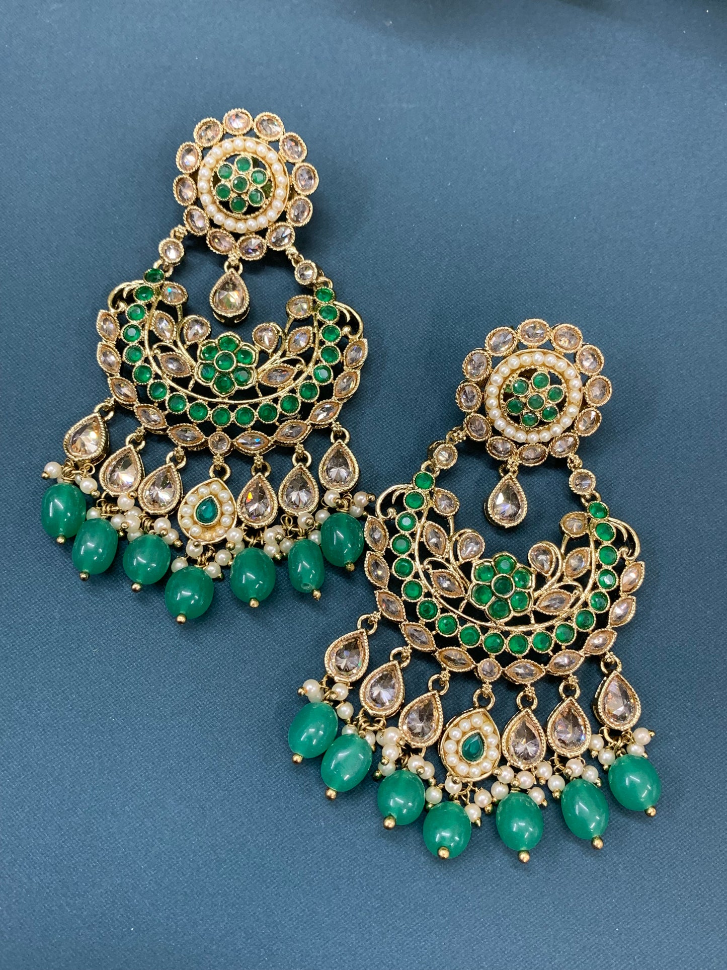 Sophia polki jhumki earring antique polk/ gold /emerald green
