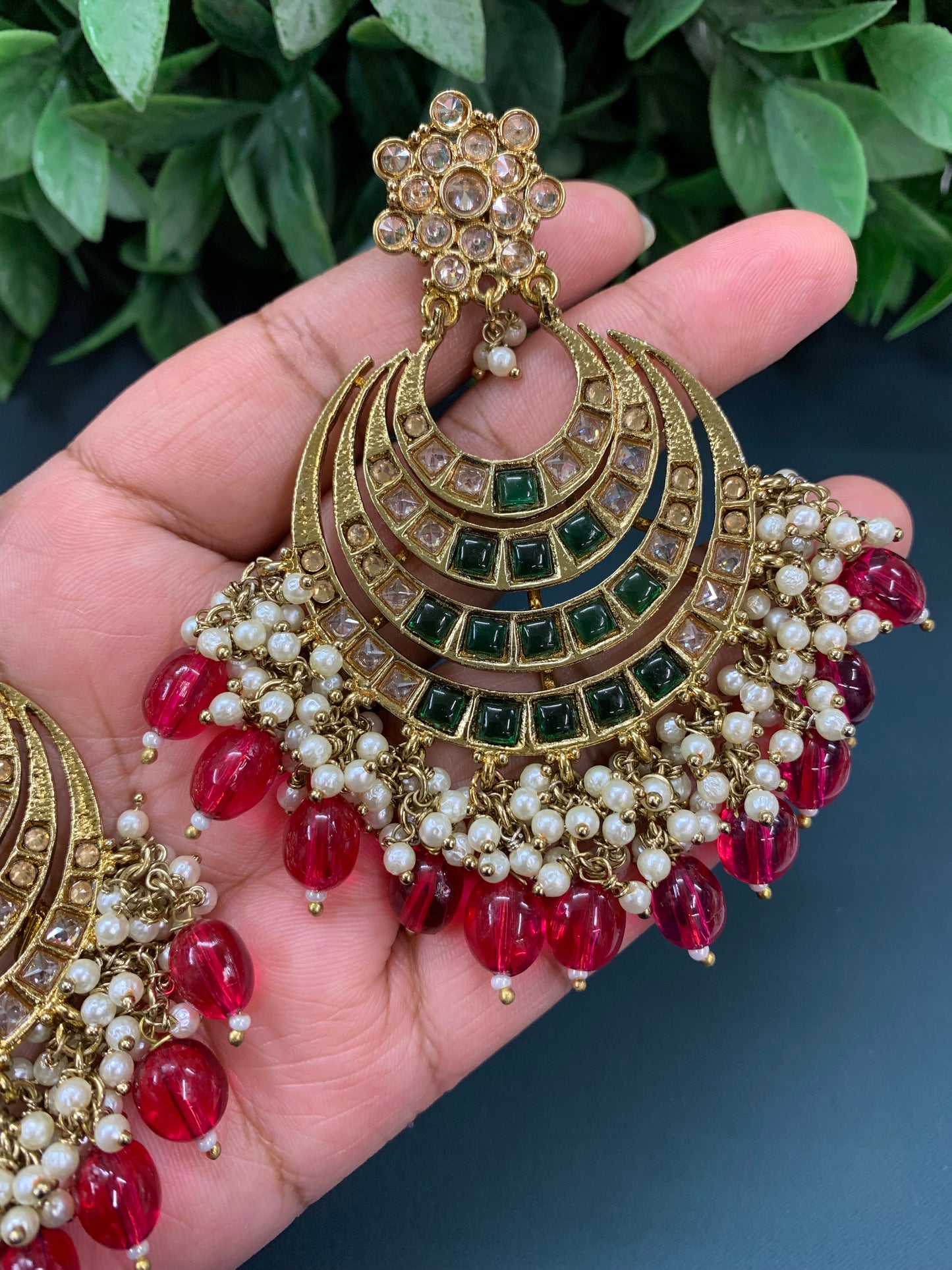 Bloom polki chandbali earring antique/ emerald green/ red