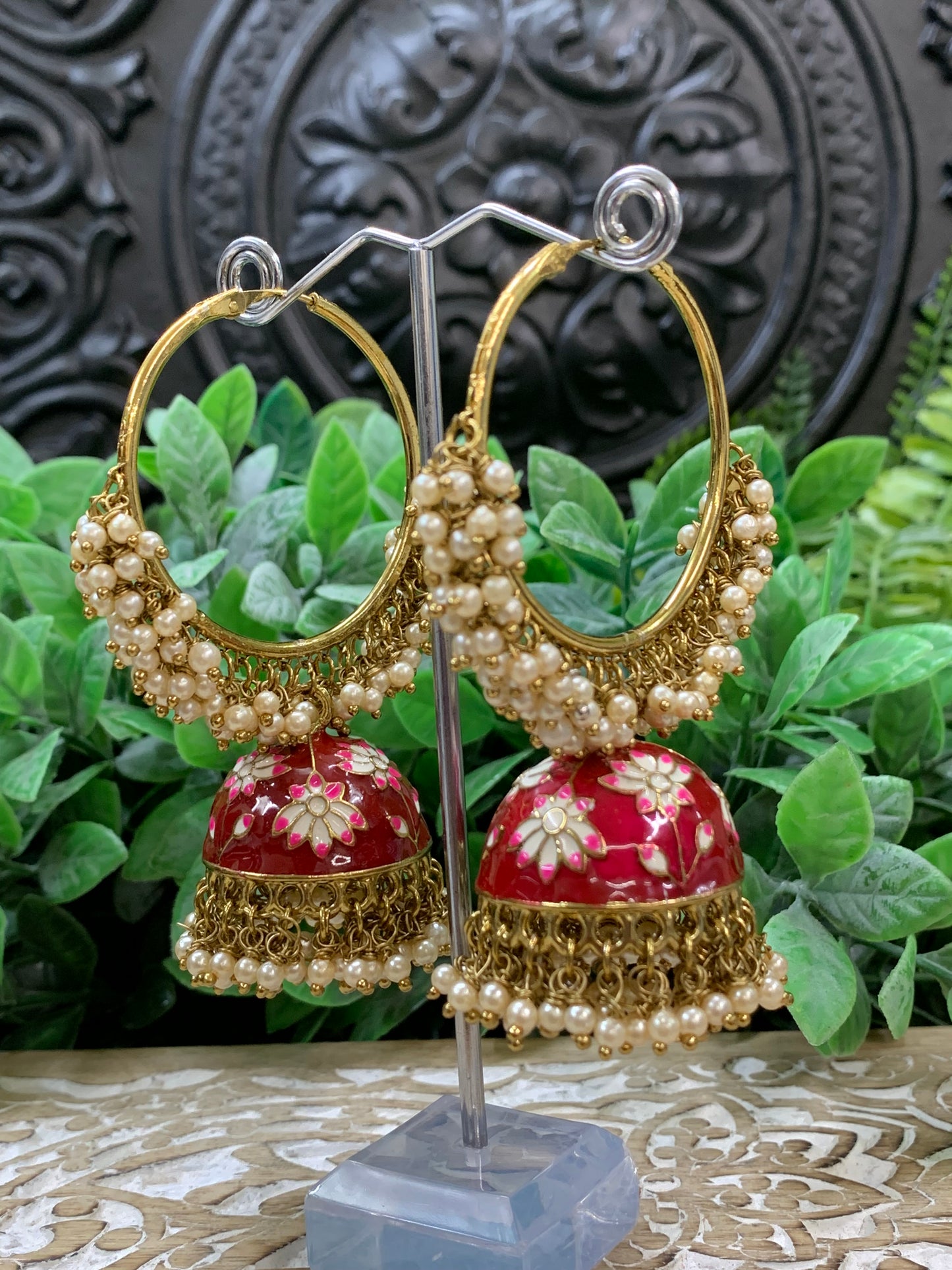 Blossom hoop Bali jhumki with pearl red