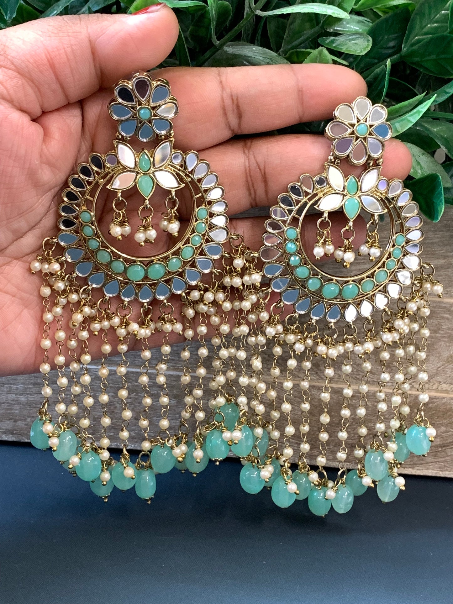 Tanni long chandbali mirror Tikka set mint