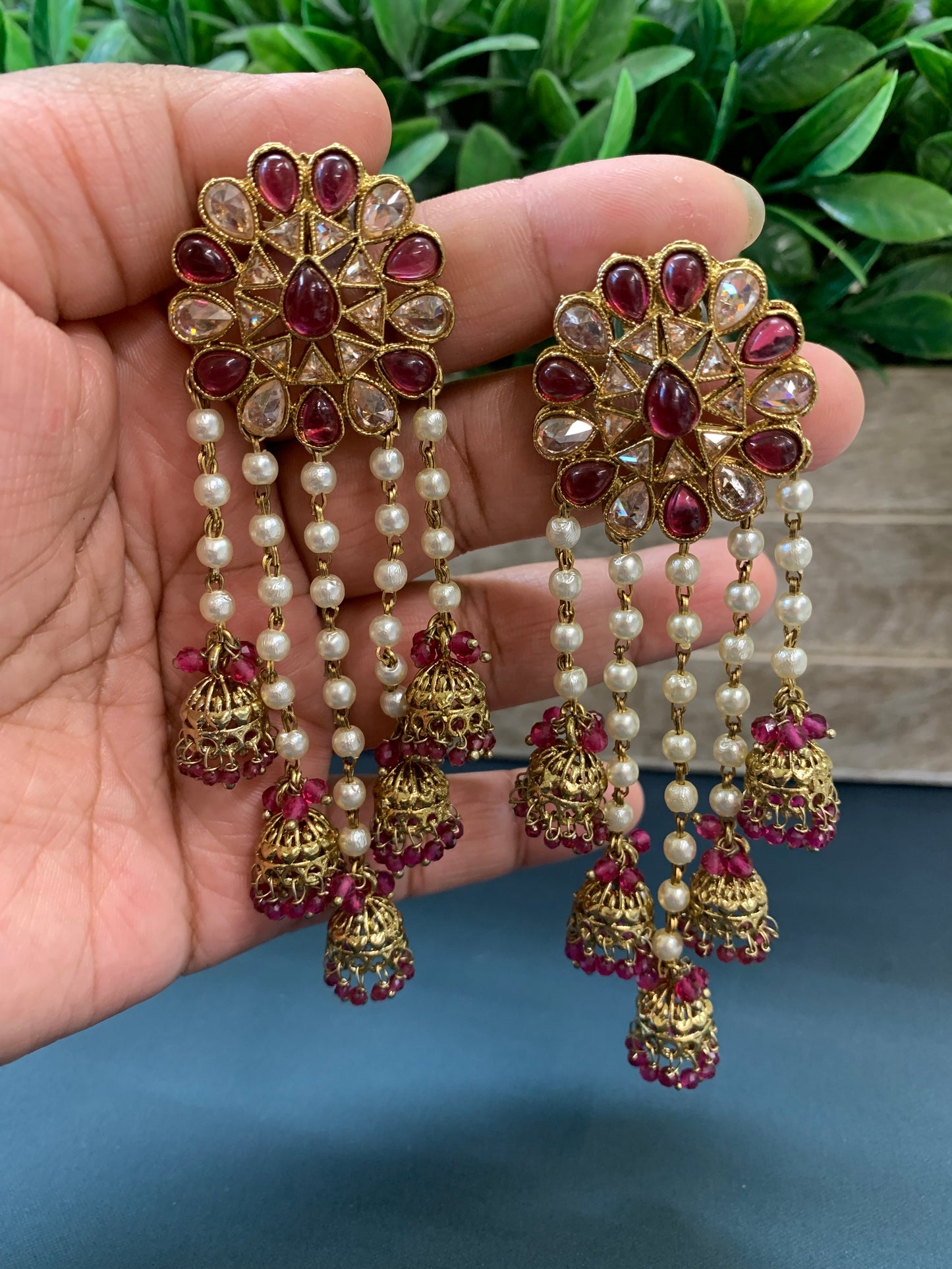 Kajal polki jhumki earring antique polk/ gold /maroon red/ burgundy