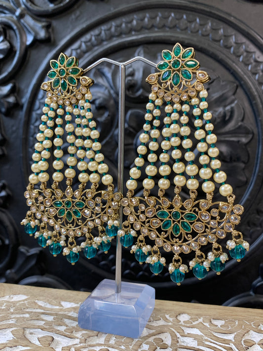 Savana polki fashion statement earring teal green pearl/ gold