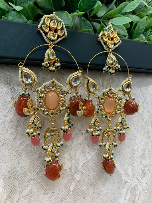 Phool Kundan chandbali earring burnt red