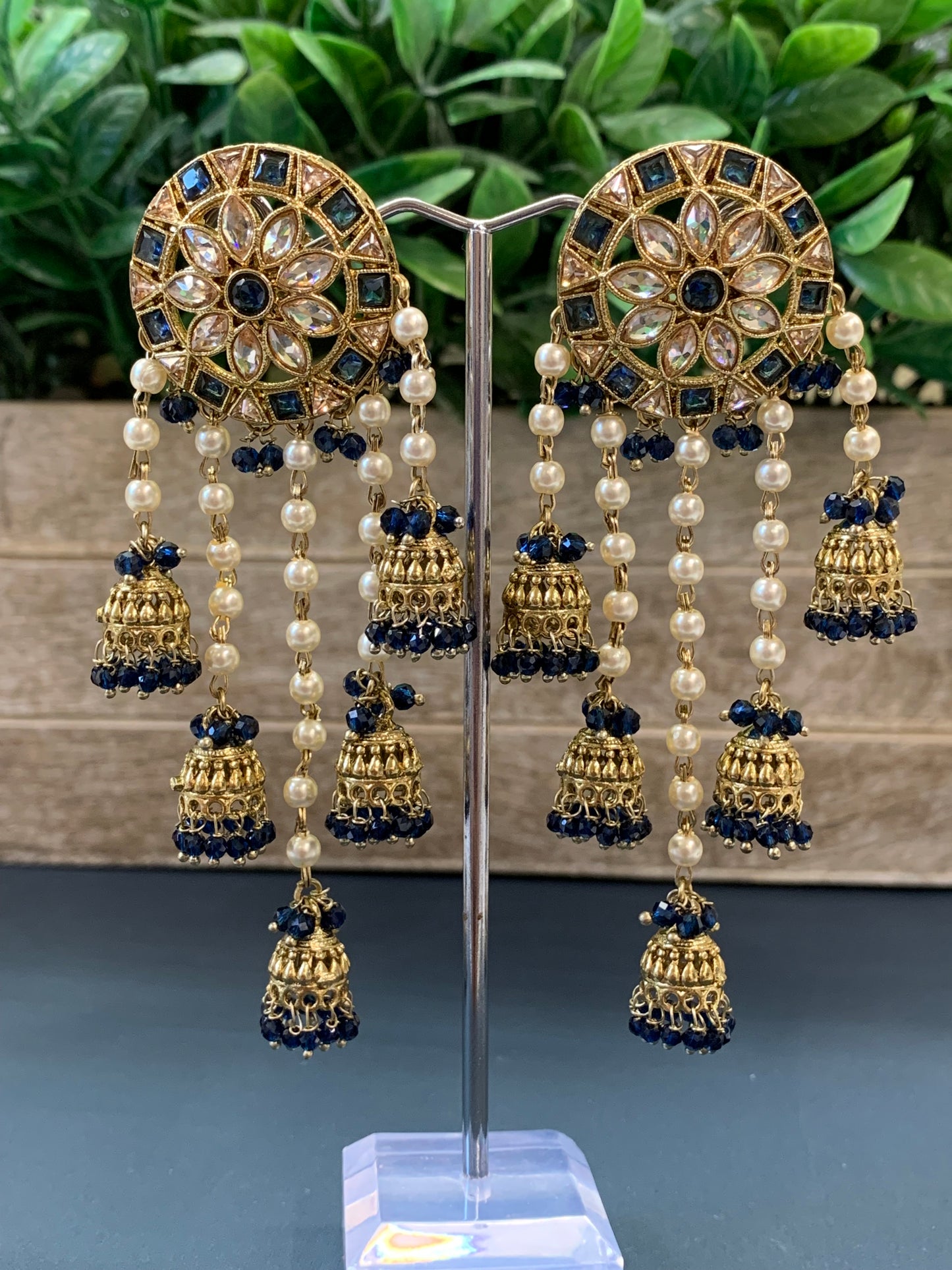Rowan polki jhumki earring antique polk/ gold /sapphire blue