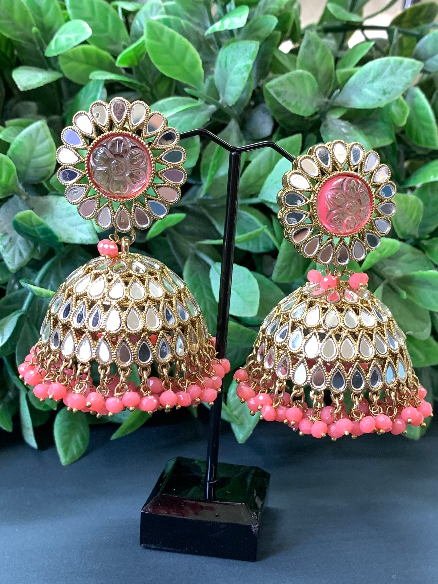 Romi mirror kundan jhumki/ jhumka earring onion pink