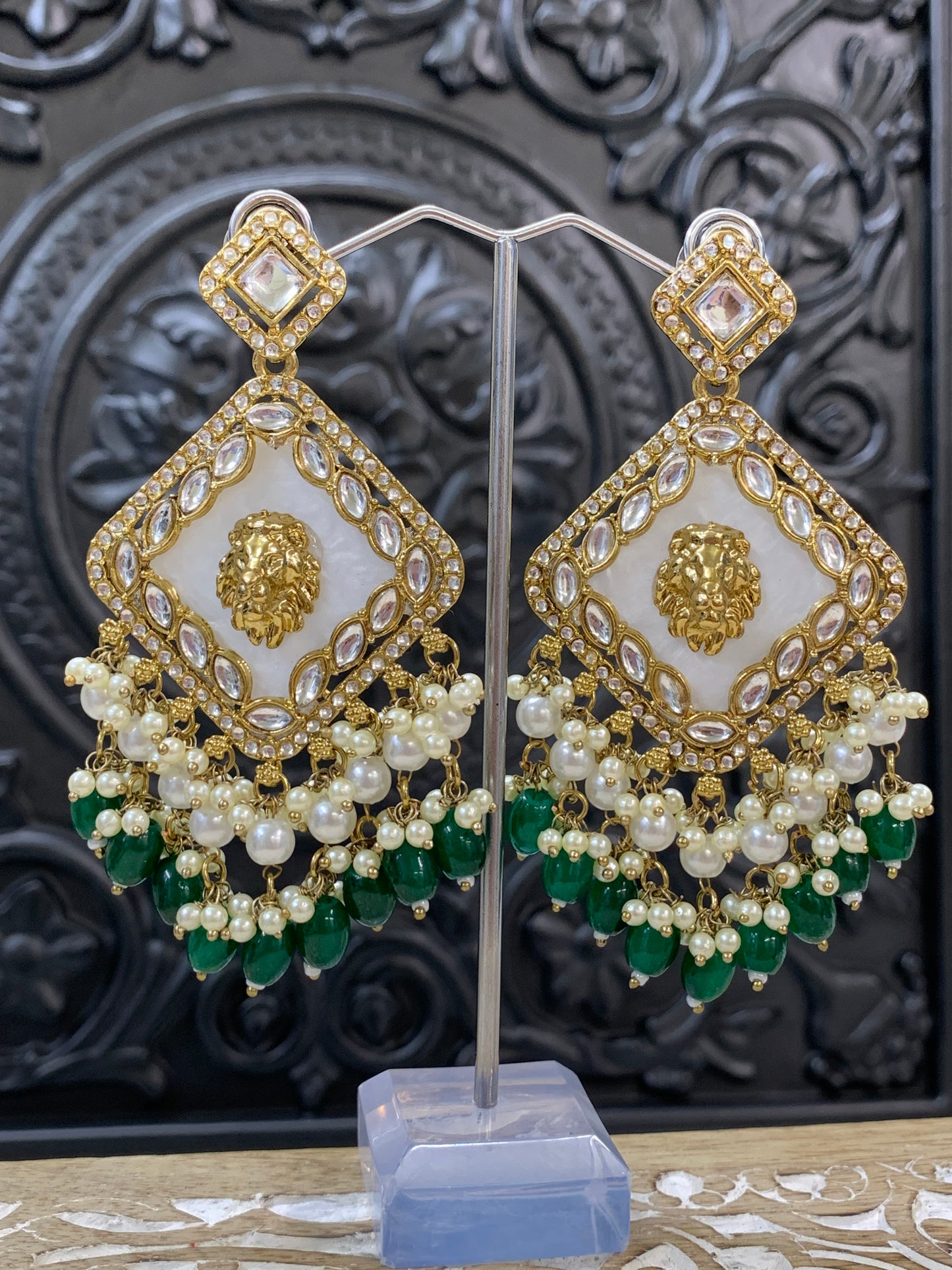 Amaya statement sabyasachi fashion earring tiger detail emerald green