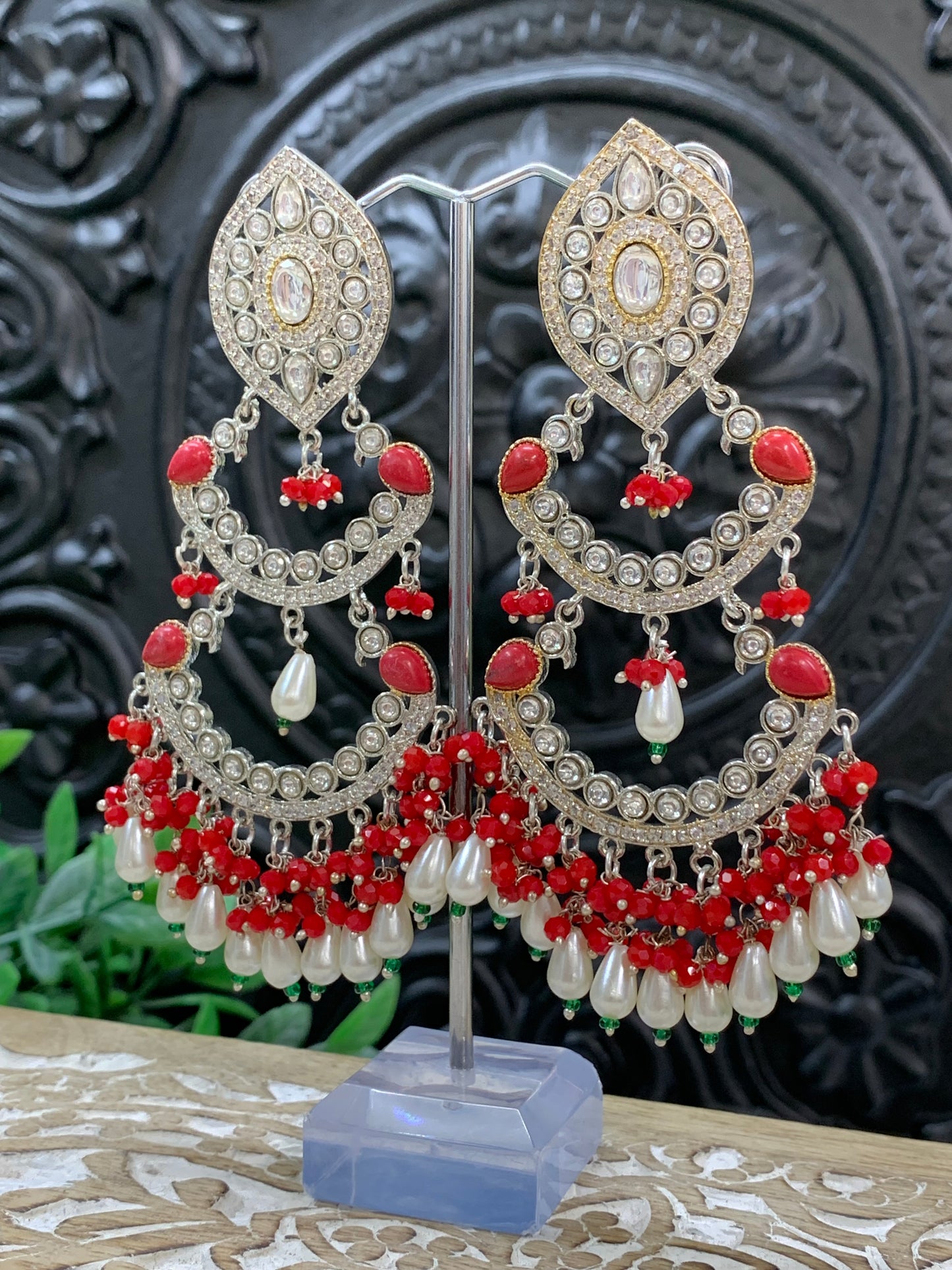 Lauren kundan triple layer chandbali earring red