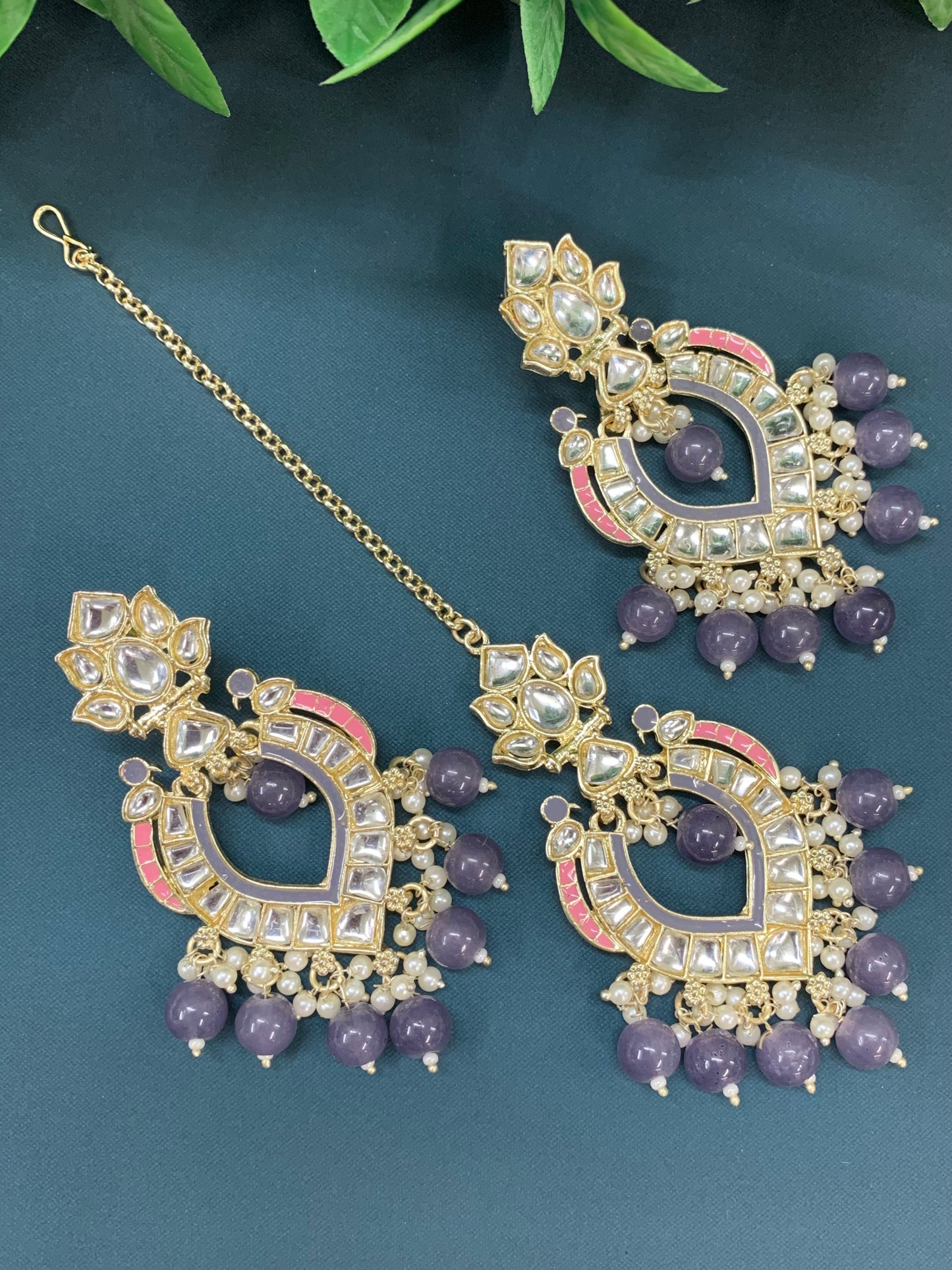 Amber kundan light weight earring tikka set grey nude