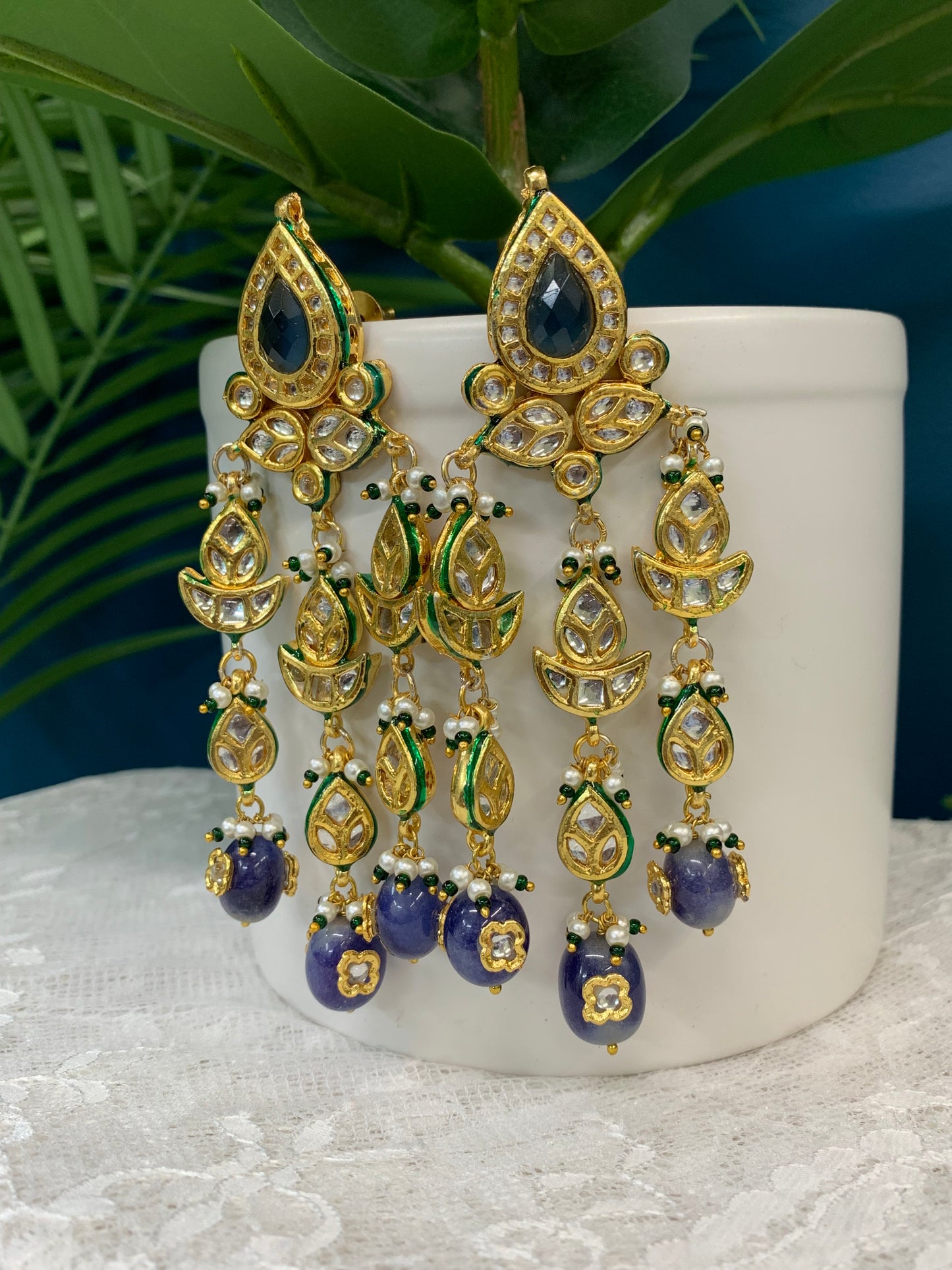 Jasleen Kundan chandbali earring purple